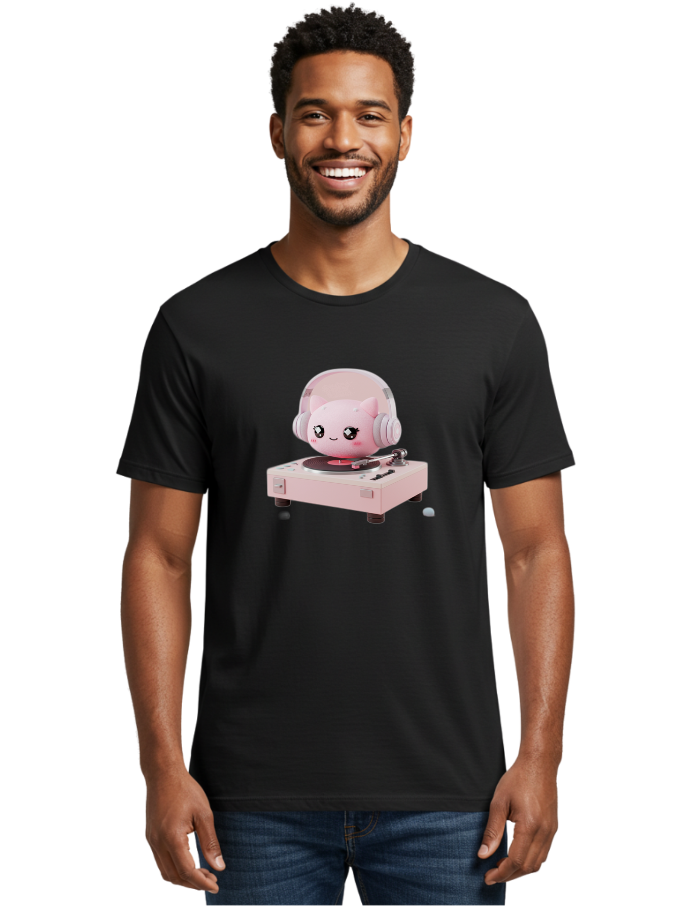 Jigglypuff-Listening-Music Men'S Graphic Tee, 100% Cotton, Comfortable Casual Summer Wear, Machine Washable, Jigglypuff Listening To Music, Pink Record Player, Pastel Colors, Cartoon Character, Retro Gaming, Nostalgic Vibes, Cute Illustration, Bad231