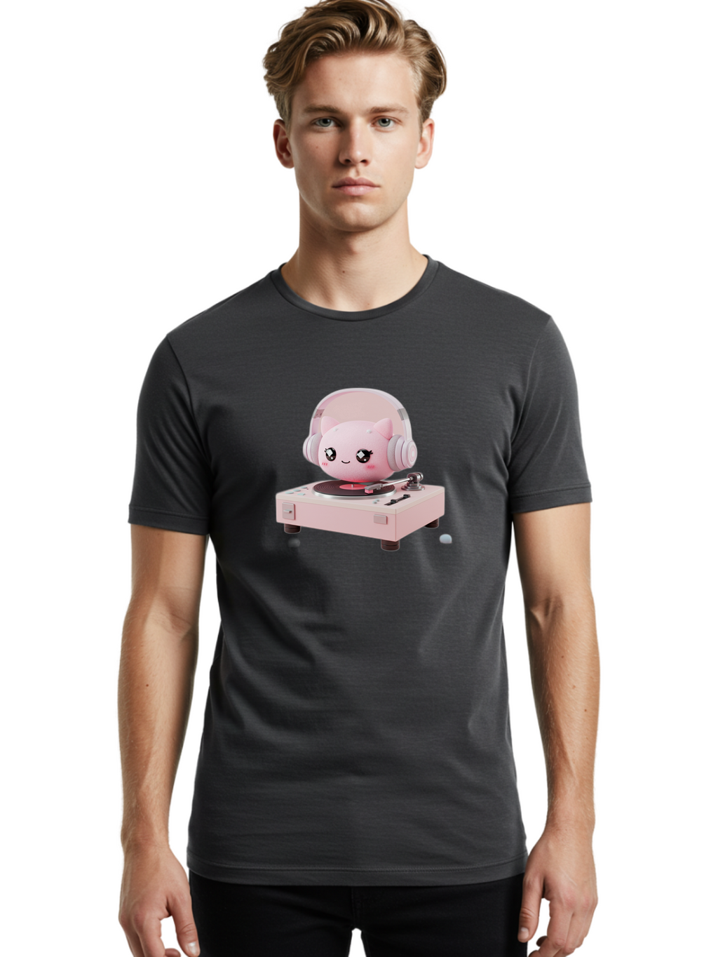 Jigglypuff-Listening-Music Men'S Graphic Tee, 100% Cotton, Comfortable Casual Summer Wear, Machine Washable, Jigglypuff Listening To Music, Pink Record Player, Pastel Colors, Cartoon Character, Retro Gaming, Nostalgic Vibes, Cute Illustration, Bad231
