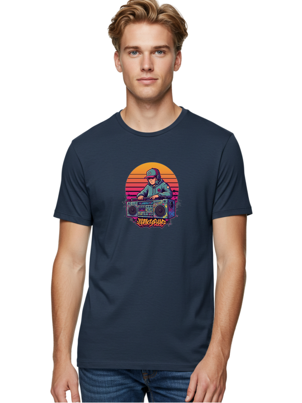 Jukesus Men'S Graphic Tee, 100% Cotton, Comfortable Casual Summer Wear, Machine Washable, Retro Dj, Boombox, Vintage Headphones, Street Style, Graffiti Art, Hip Hop Culture, 90S Nostalgia, Urban Fashion, Mixtape Vibes, Jukesus Logo, Bad233