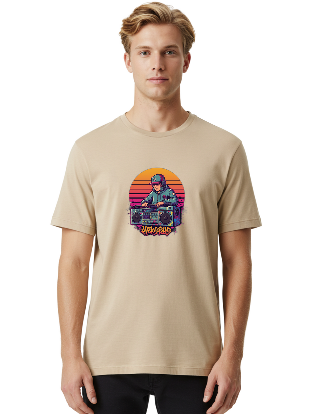 Jukesus Men'S Graphic Tee, 100% Cotton, Comfortable Casual Summer Wear, Machine Washable, Retro Dj, Boombox, Vintage Headphones, Street Style, Graffiti Art, Hip Hop Culture, 90S Nostalgia, Urban Fashion, Mixtape Vibes, Jukesus Logo, Bad233