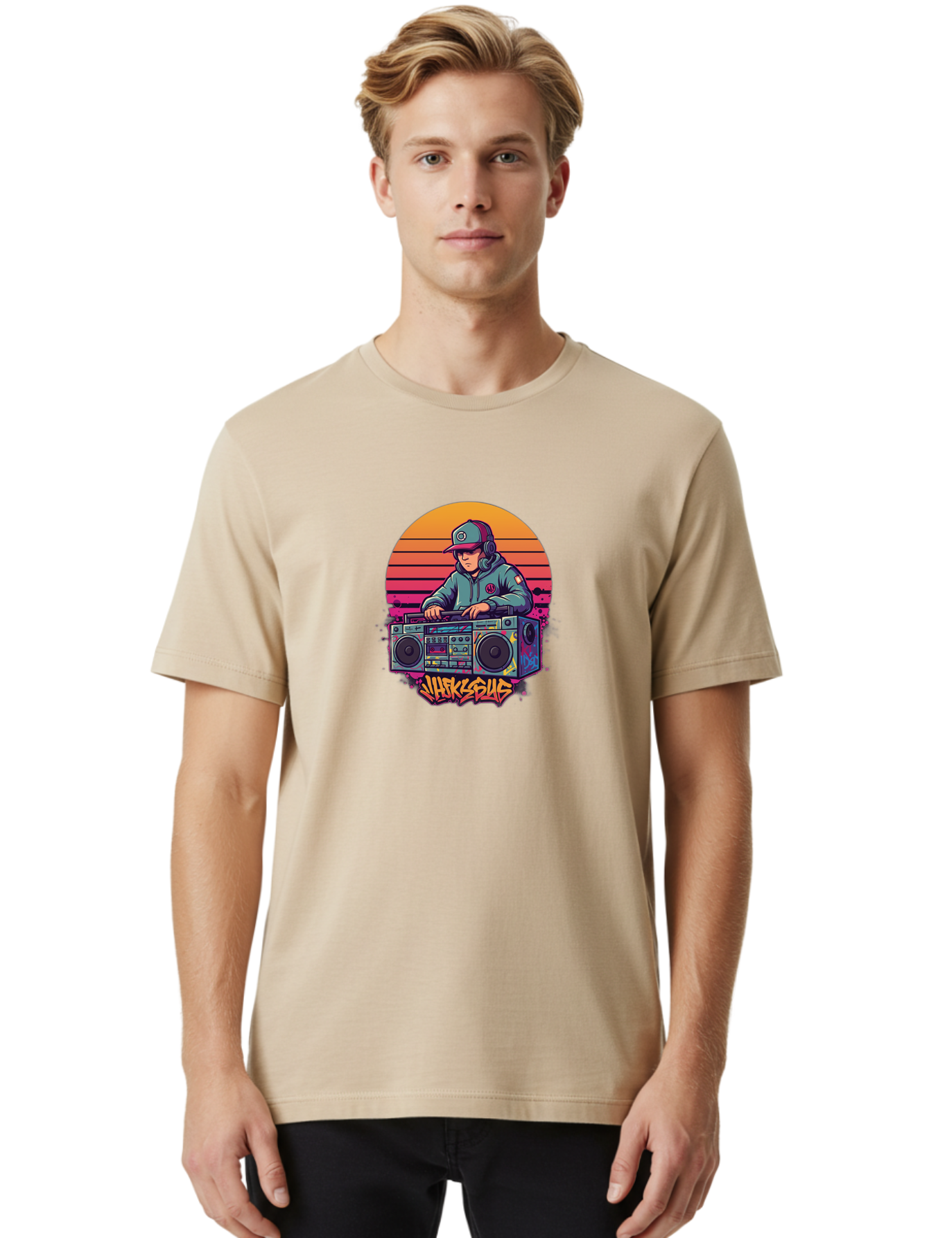 Jukesus Men'S Graphic Tee, 100% Cotton, Comfortable Casual Summer Wear, Machine Washable, Retro Dj, Boombox, Vintage Headphones, Street Style, Graffiti Art, Hip Hop Culture, 90S Nostalgia, Urban Fashion, Mixtape Vibes, Jukesus Logo, Bad233