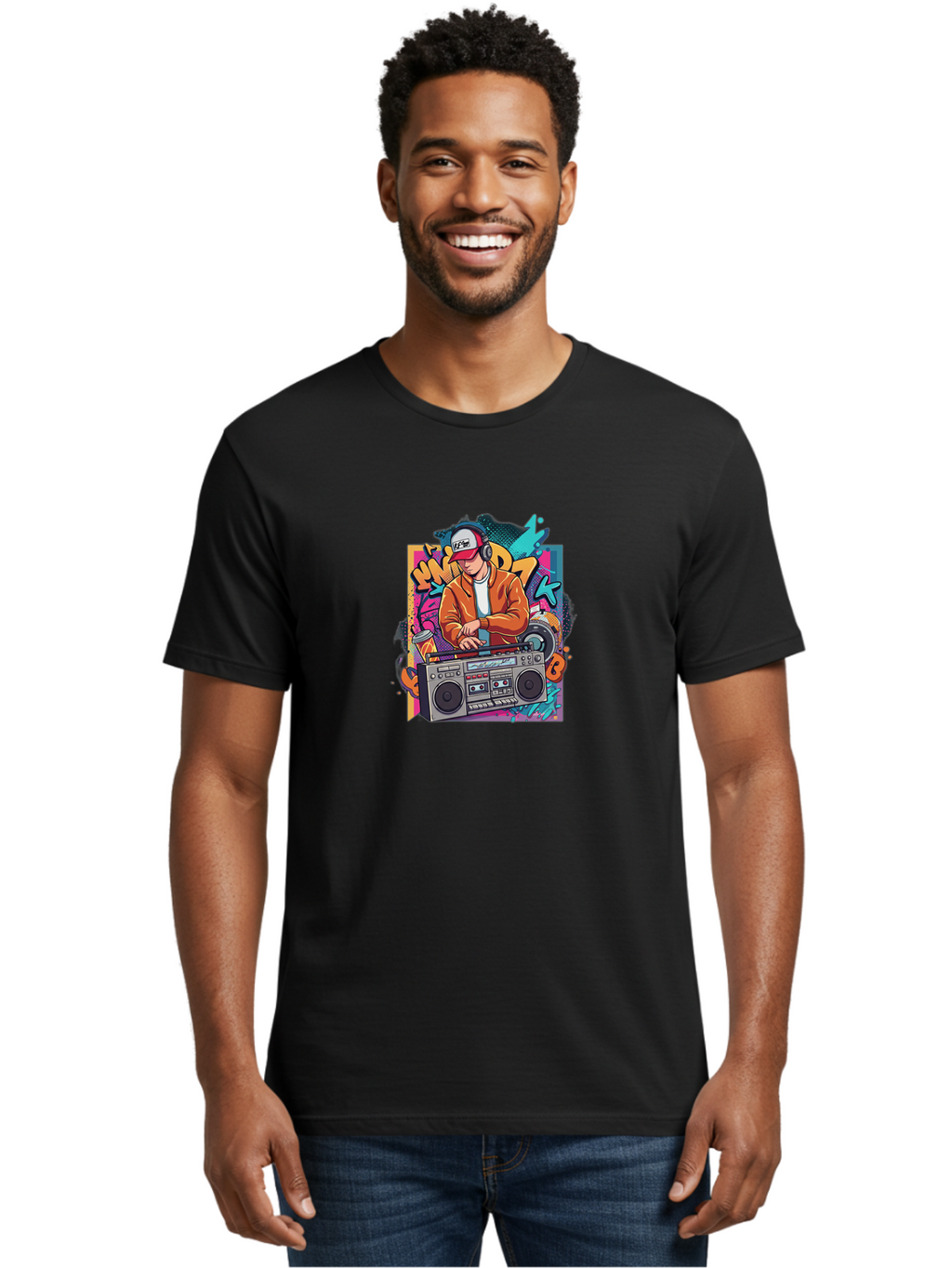 Junk-D-K Men'S Graphic Tee, 100% Cotton, Comfortable Casual Summer Wear, Machine Washable, Dj Spinning Tracks, Retro Boombox, Graffiti Art, Street Culture, Hip Hop Vibes, Urban Music, Vintage Style, Cool Headphones Bad234