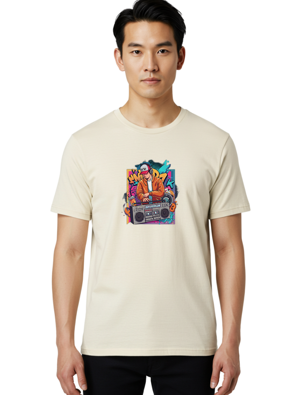 Junk-D-K Men'S Graphic Tee, 100% Cotton, Comfortable Casual Summer Wear, Machine Washable, Dj Spinning Tracks, Retro Boombox, Graffiti Art, Street Culture, Hip Hop Vibes, Urban Music, Vintage Style, Cool Headphones Bad234
