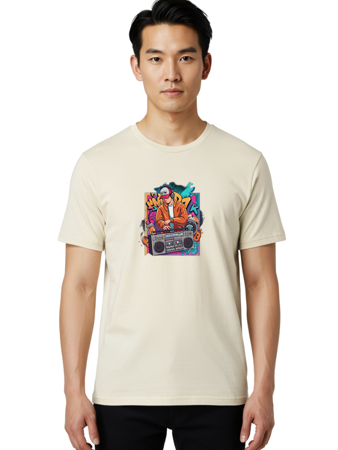 Junk-D-K Men'S Graphic Tee, 100% Cotton, Comfortable Casual Summer Wear, Machine Washable, Dj Spinning Tracks, Retro Boombox, Graffiti Art, Street Culture, Hip Hop Vibes, Urban Music, Vintage Style, Cool Headphones Bad234
