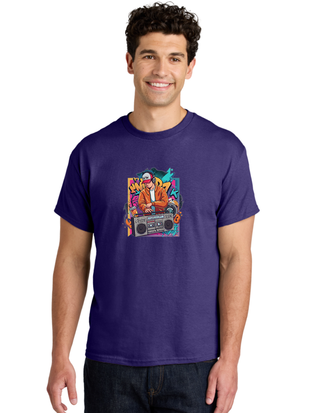 Junk-D-K Men'S Graphic Tee, 100% Cotton, Comfortable Casual Summer Wear, Machine Washable, Dj Spinning Tracks, Retro Boombox, Graffiti Art, Street Culture, Hip Hop Vibes, Urban Music, Vintage Style, Cool Headphones Bad234