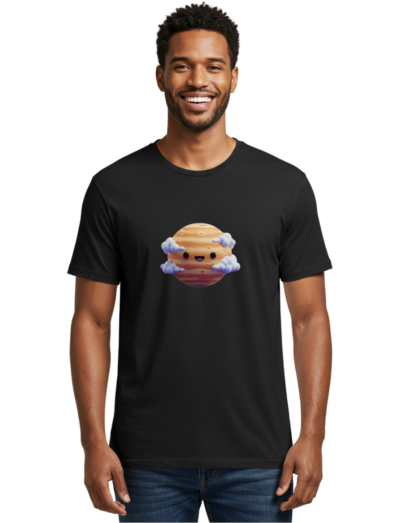 Jupiter-1 Men'S Graphic Tee, 100% Cotton, Comfortable Casual Summer Wear, Machine Washable, Cartoon Jupiter, Smiling Planet, Kawaii Space, Astronomy Illustration, Happy Jupiter, Fluffy Clouds, Solar System, Planet Character, Orange Stripes, Bad235