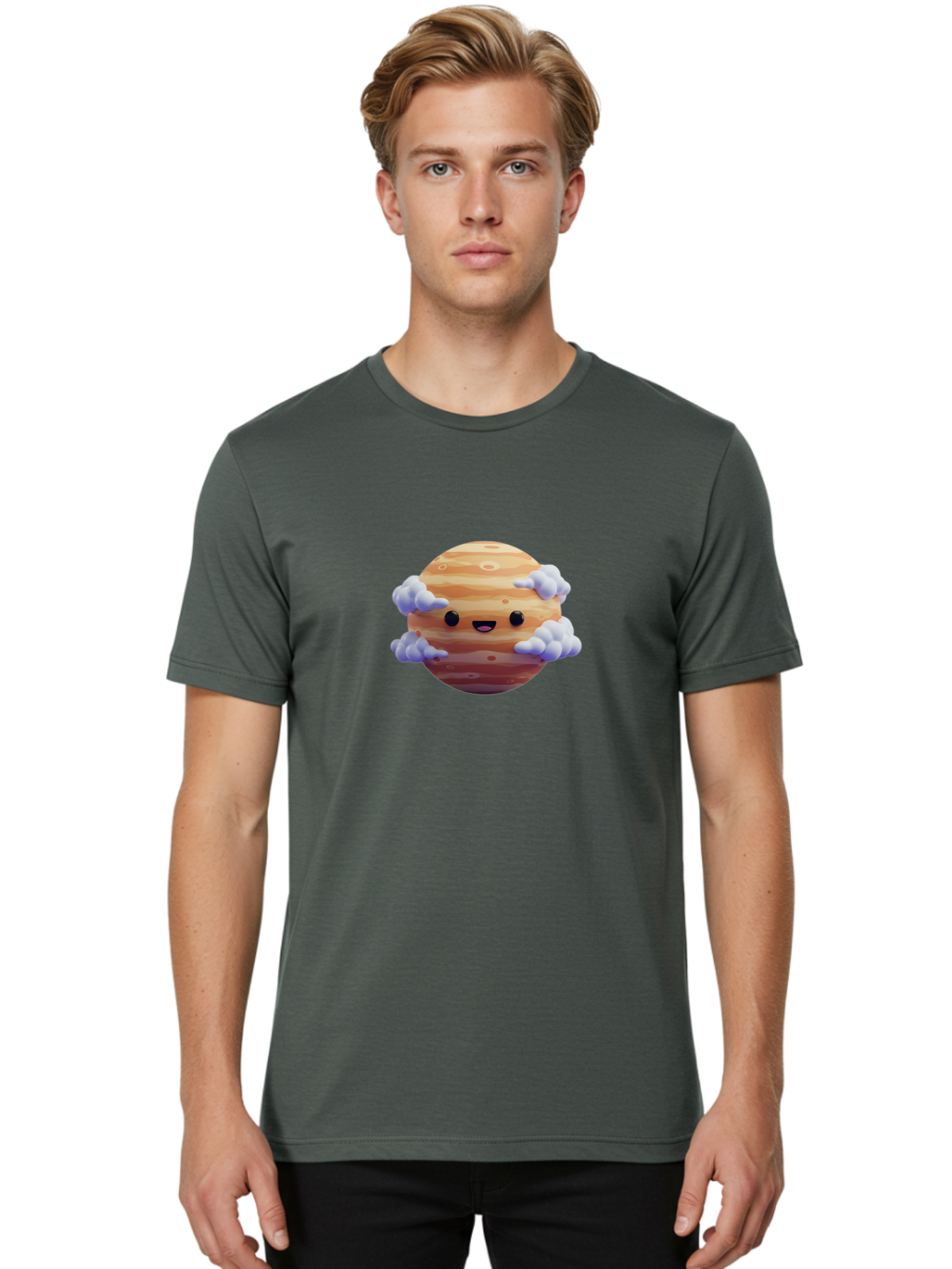 Jupiter-1 Men'S Graphic Tee, 100% Cotton, Comfortable Casual Summer Wear, Machine Washable, Cartoon Jupiter, Smiling Planet, Kawaii Space, Astronomy Illustration, Happy Jupiter, Fluffy Clouds, Solar System, Planet Character, Orange Stripes, Bad235