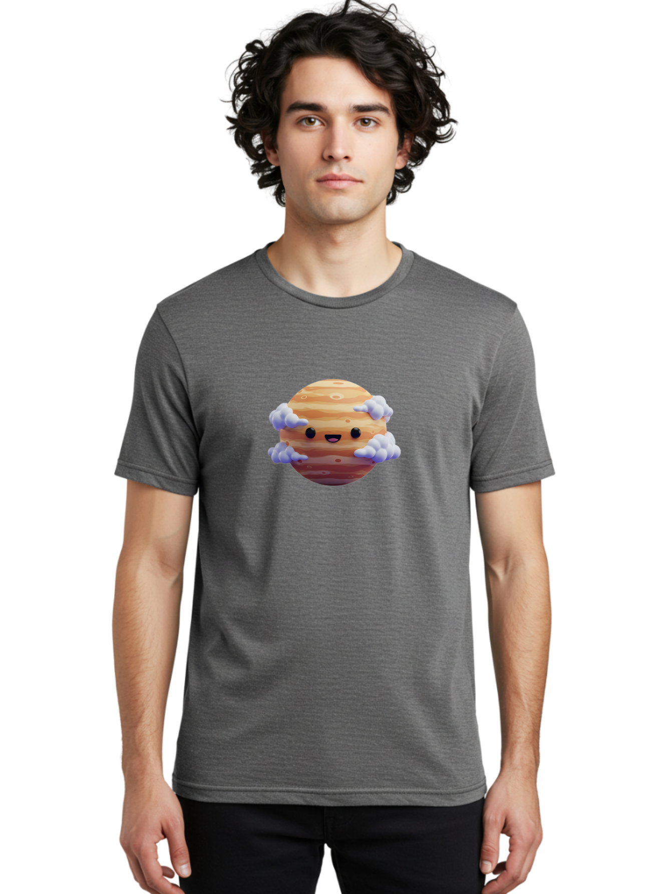 Jupiter-1 Men'S Graphic Tee, 100% Cotton, Comfortable Casual Summer Wear, Machine Washable, Cartoon Jupiter, Smiling Planet, Kawaii Space, Astronomy Illustration, Happy Jupiter, Fluffy Clouds, Solar System, Planet Character, Orange Stripes, Bad235