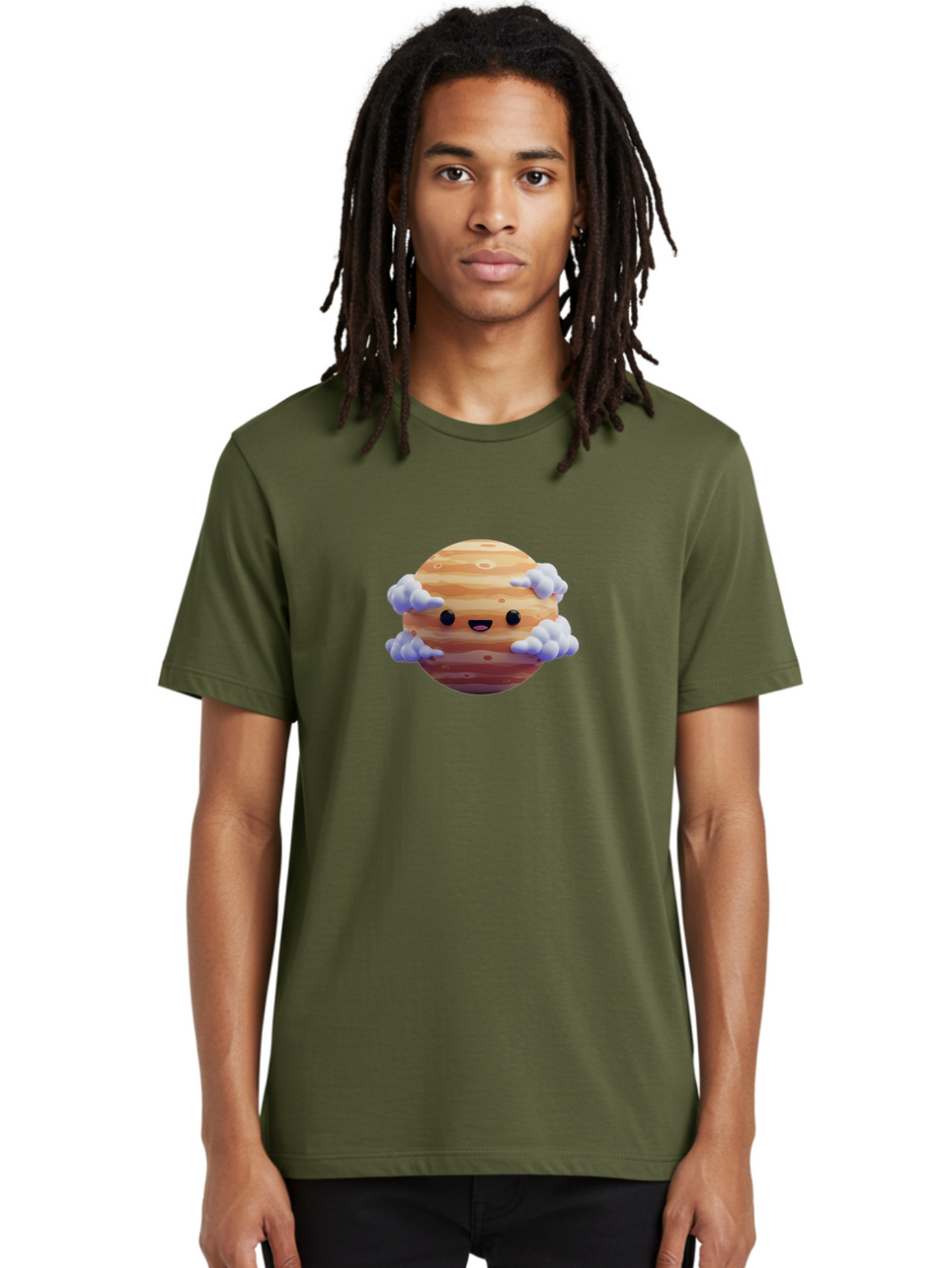 Jupiter-1 Men'S Graphic Tee, 100% Cotton, Comfortable Casual Summer Wear, Machine Washable, Cartoon Jupiter, Smiling Planet, Kawaii Space, Astronomy Illustration, Happy Jupiter, Fluffy Clouds, Solar System, Planet Character, Orange Stripes, Bad235