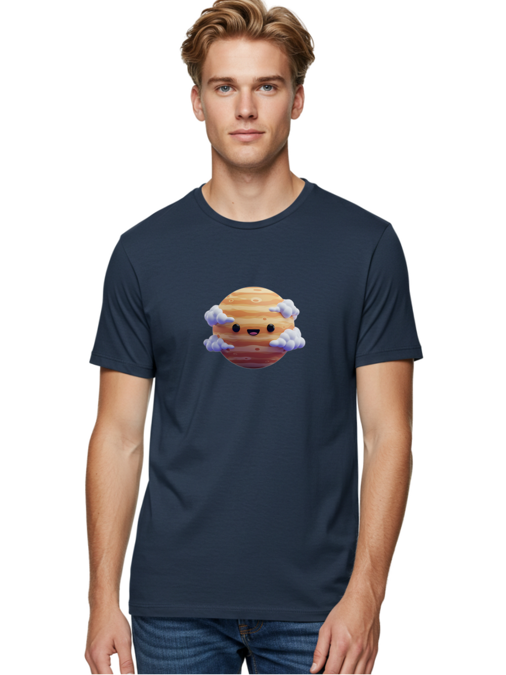 Jupiter-1 Men'S Graphic Tee, 100% Cotton, Comfortable Casual Summer Wear, Machine Washable, Cartoon Jupiter, Smiling Planet, Kawaii Space, Astronomy Illustration, Happy Jupiter, Fluffy Clouds, Solar System, Planet Character, Orange Stripes, Bad235