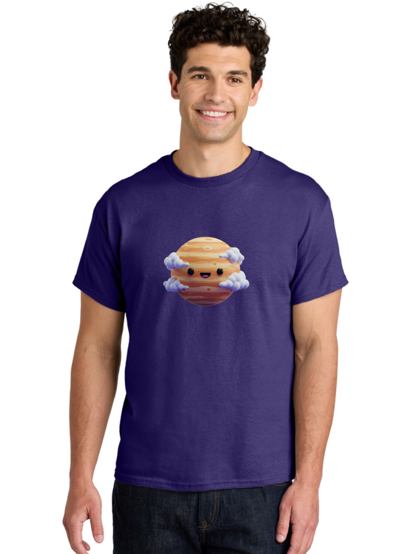 Jupiter-1 Men'S Graphic Tee, 100% Cotton, Comfortable Casual Summer Wear, Machine Washable, Cartoon Jupiter, Smiling Planet, Kawaii Space, Astronomy Illustration, Happy Jupiter, Fluffy Clouds, Solar System, Planet Character, Orange Stripes, Bad235