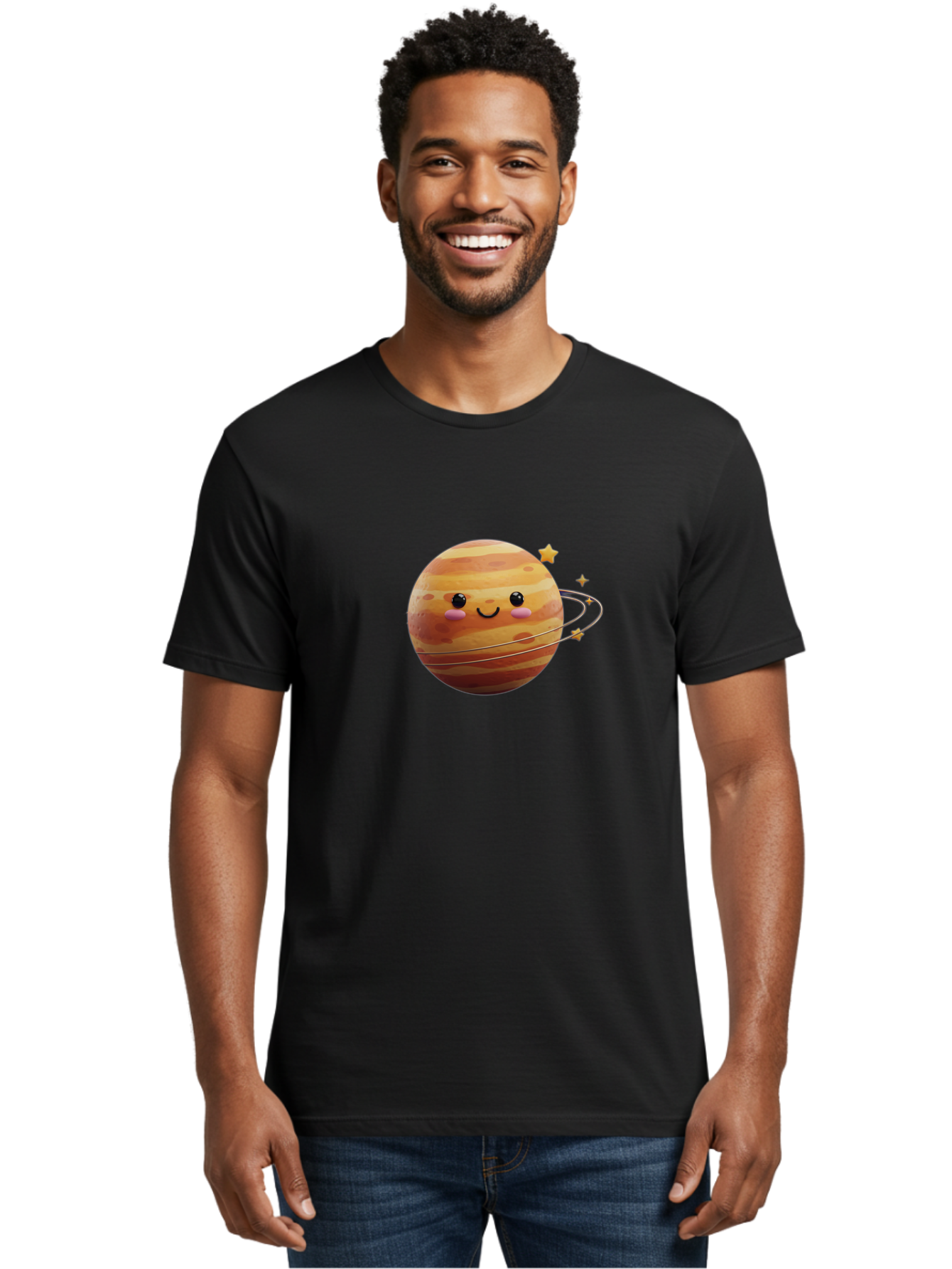 Jupiter-2 Men'S Graphic Tee, 100% Cotton, Comfortable Casual Summer Wear, Machine Washable, Cartoon Jupiter, Smiling Planet, Kawaii Illustration, Adorable Design, Space Theme, Celestial Body, Stars And Rings, Whimsical Art, Fantasy Scene Bad236