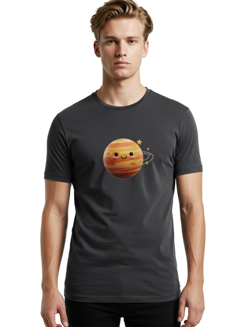 Jupiter-2 Men'S Graphic Tee, 100% Cotton, Comfortable Casual Summer Wear, Machine Washable, Cartoon Jupiter, Smiling Planet, Kawaii Illustration, Adorable Design, Space Theme, Celestial Body, Stars And Rings, Whimsical Art, Fantasy Scene Bad236