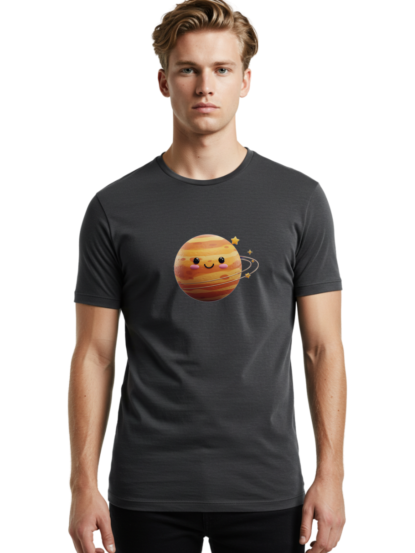 Jupiter-2 Men'S Graphic Tee, 100% Cotton, Comfortable Casual Summer Wear, Machine Washable, Cartoon Jupiter, Smiling Planet, Kawaii Illustration, Adorable Design, Space Theme, Celestial Body, Stars And Rings, Whimsical Art, Fantasy Scene Bad236