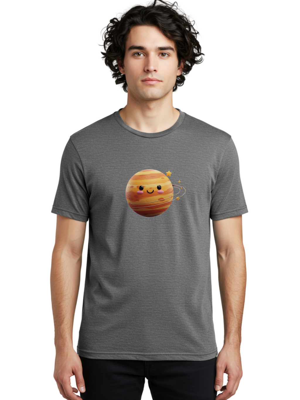 Jupiter-2 Men'S Graphic Tee, 100% Cotton, Comfortable Casual Summer Wear, Machine Washable, Cartoon Jupiter, Smiling Planet, Kawaii Illustration, Adorable Design, Space Theme, Celestial Body, Stars And Rings, Whimsical Art, Fantasy Scene Bad236