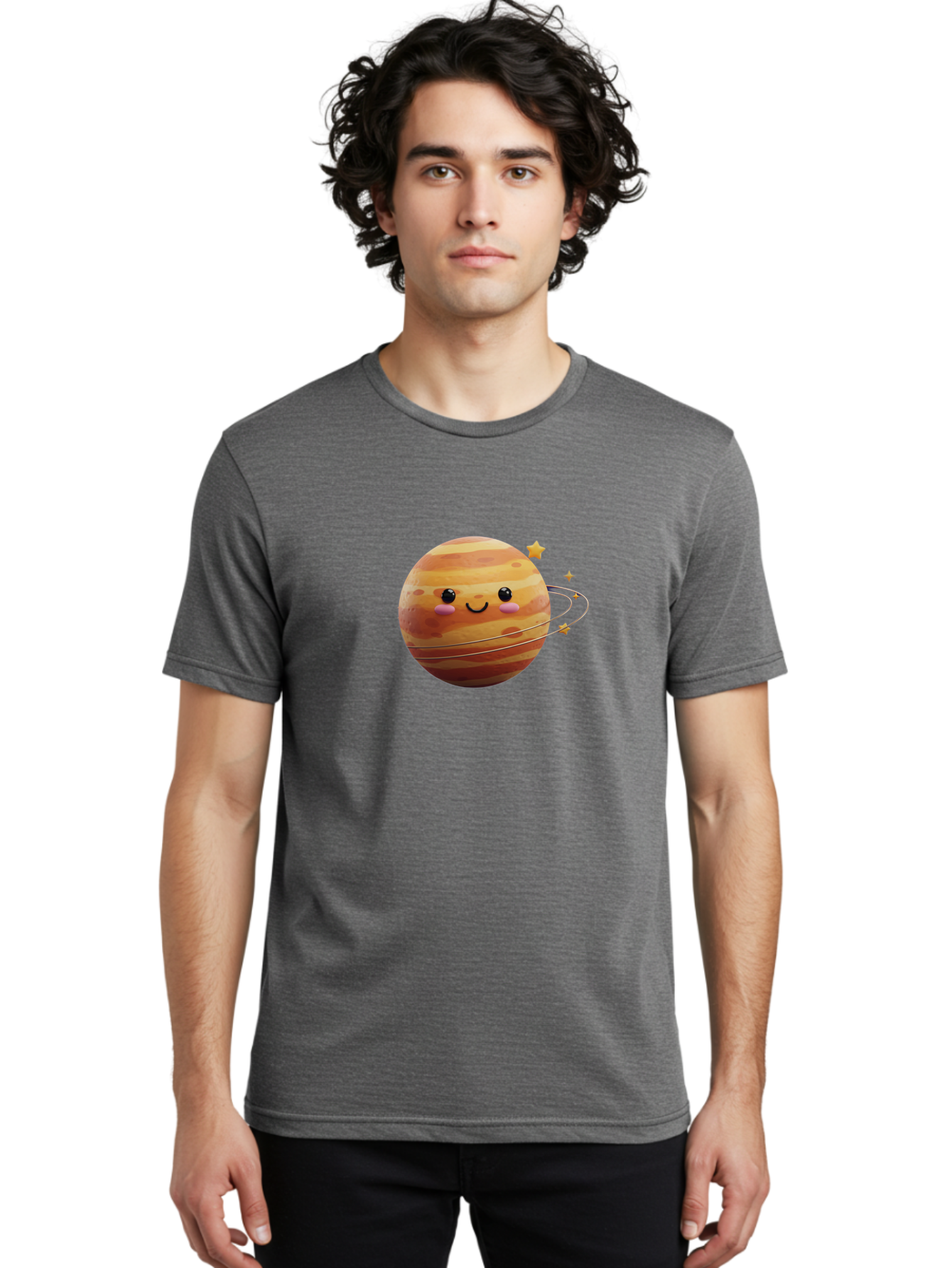 Jupiter-2 Men'S Graphic Tee, 100% Cotton, Comfortable Casual Summer Wear, Machine Washable, Cartoon Jupiter, Smiling Planet, Kawaii Illustration, Adorable Design, Space Theme, Celestial Body, Stars And Rings, Whimsical Art, Fantasy Scene Bad236
