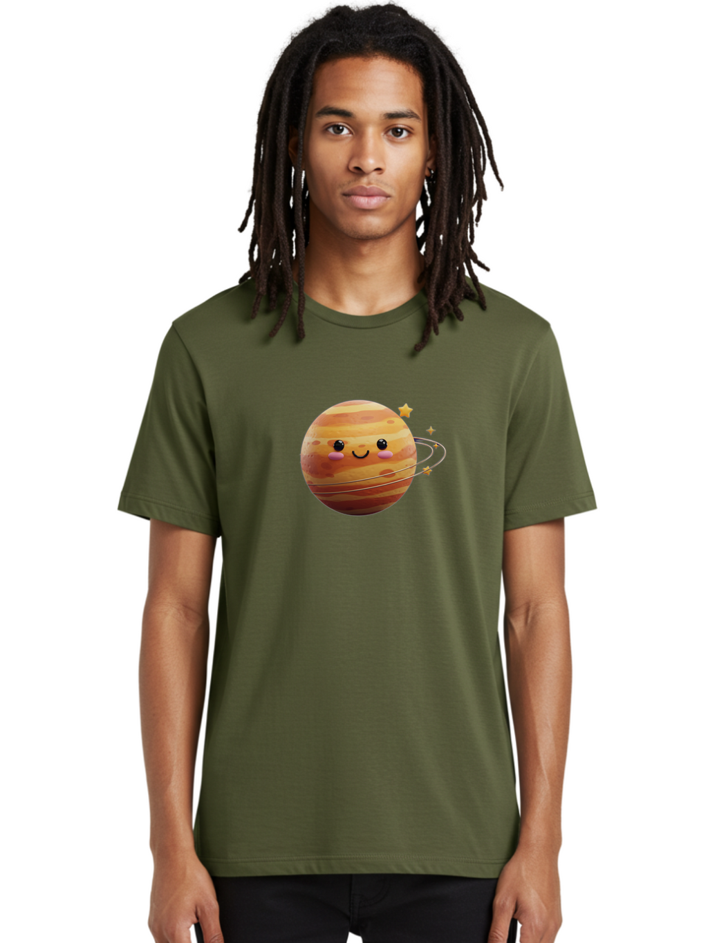Jupiter-2 Men'S Graphic Tee, 100% Cotton, Comfortable Casual Summer Wear, Machine Washable, Cartoon Jupiter, Smiling Planet, Kawaii Illustration, Adorable Design, Space Theme, Celestial Body, Stars And Rings, Whimsical Art, Fantasy Scene Bad236