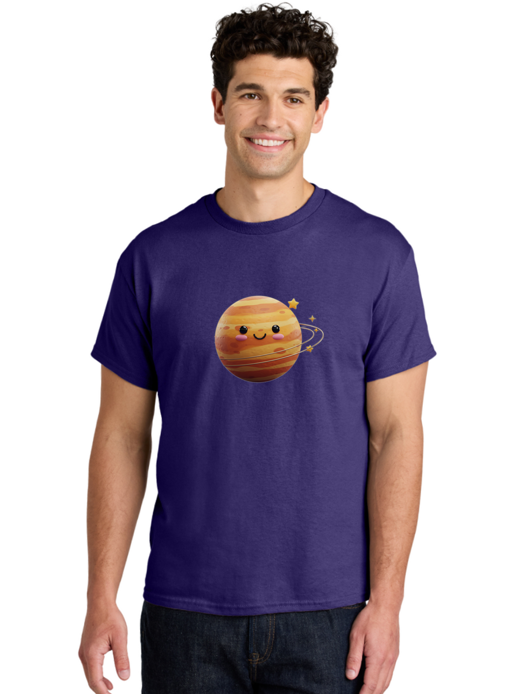 Jupiter-2 Men'S Graphic Tee, 100% Cotton, Comfortable Casual Summer Wear, Machine Washable, Cartoon Jupiter, Smiling Planet, Kawaii Illustration, Adorable Design, Space Theme, Celestial Body, Stars And Rings, Whimsical Art, Fantasy Scene Bad236