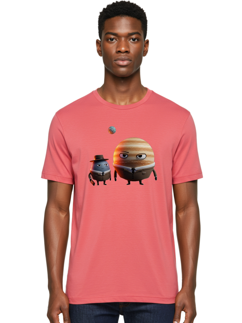 Jupiter-And-Earth Men'S Graphic Tee, 100% Cotton, Comfortable Casual Summer Wear, Machine Washable, Cartoon Planets, Jupiter And Mercury, Anthropomorphic Characters, Detective Character, Jupiter With Angry Face, Mercury With Detective Hat, Bad237