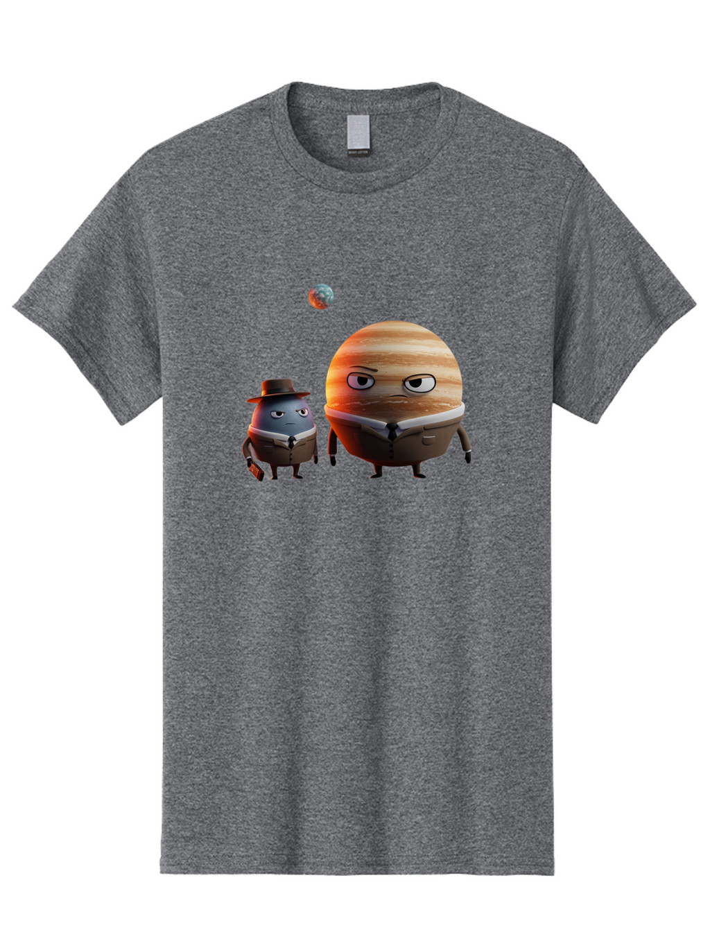 Jupiter-And-Earth Men'S Graphic Tee, 100% Cotton, Comfortable Casual Summer Wear, Machine Washable, Cartoon Planets, Jupiter And Mercury, Anthropomorphic Characters, Detective Character, Jupiter With Angry Face, Mercury With Detective Hat, Bad237