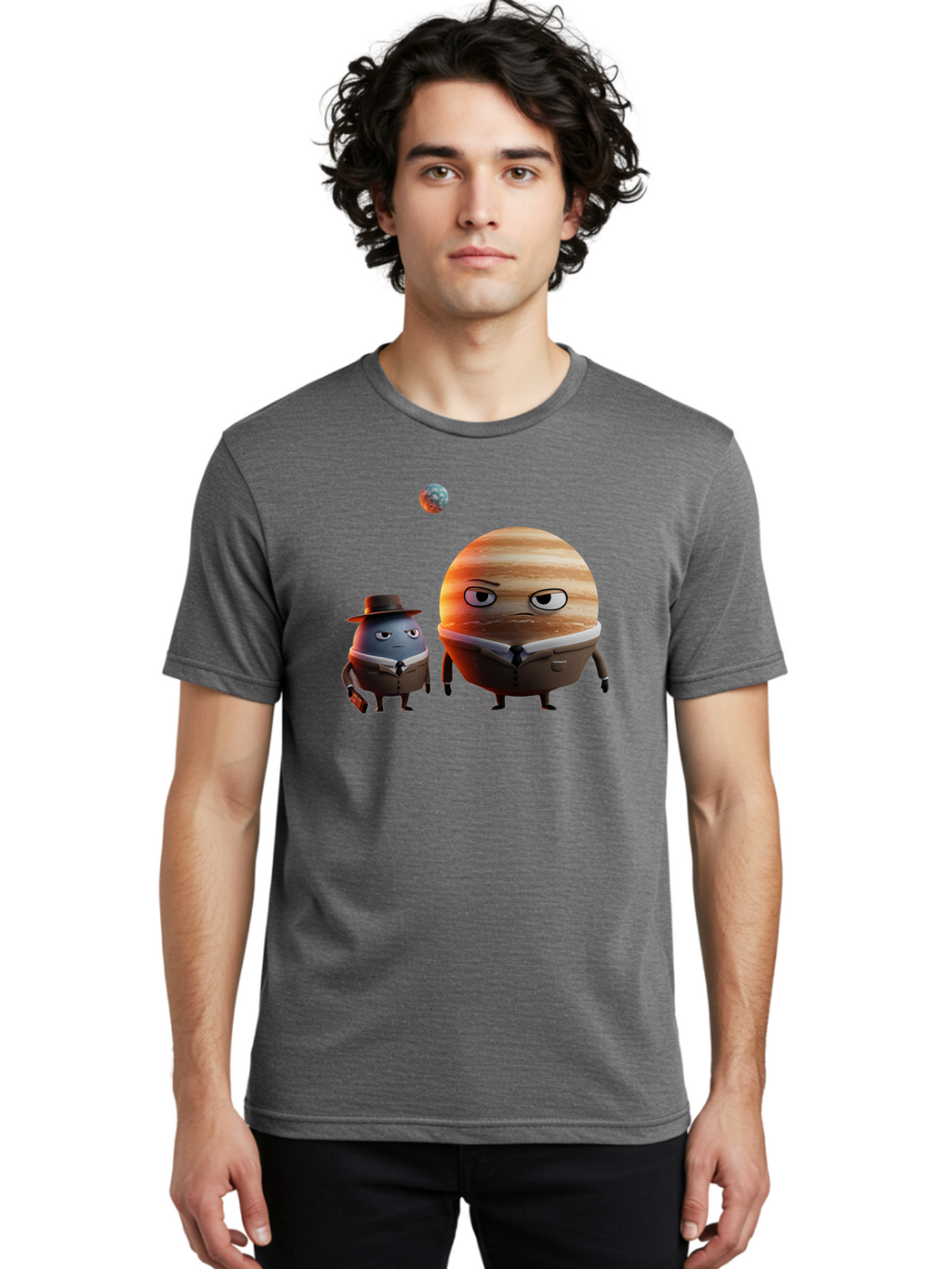 Jupiter-And-Earth Men'S Graphic Tee, 100% Cotton, Comfortable Casual Summer Wear, Machine Washable, Cartoon Planets, Jupiter And Mercury, Anthropomorphic Characters, Detective Character, Jupiter With Angry Face, Mercury With Detective Hat, Bad237