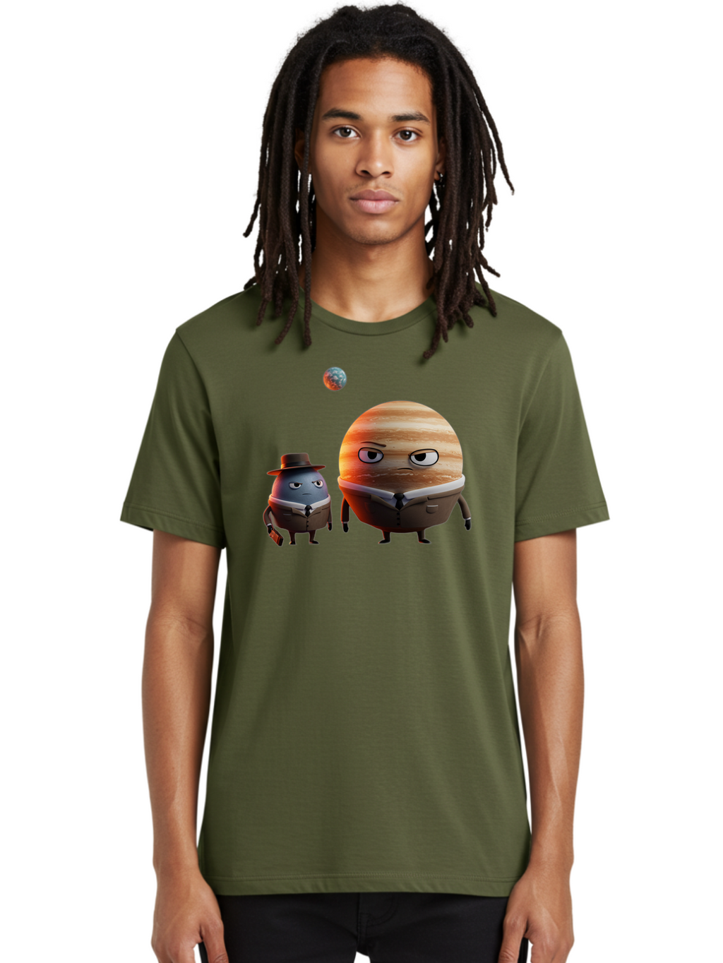 Jupiter-And-Earth Men'S Graphic Tee, 100% Cotton, Comfortable Casual Summer Wear, Machine Washable, Cartoon Planets, Jupiter And Mercury, Anthropomorphic Characters, Detective Character, Jupiter With Angry Face, Mercury With Detective Hat, Bad237