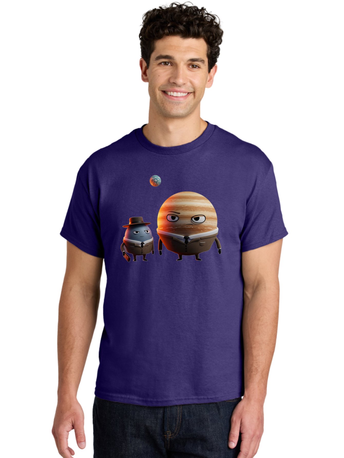 Jupiter-And-Earth Men'S Graphic Tee, 100% Cotton, Comfortable Casual Summer Wear, Machine Washable, Cartoon Planets, Jupiter And Mercury, Anthropomorphic Characters, Detective Character, Jupiter With Angry Face, Mercury With Detective Hat, Bad237