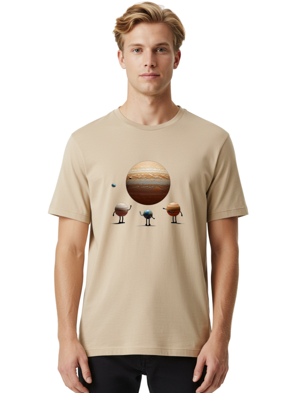 Jupiter-And-Moons Men'S Graphic Tee, 100% Cotton, Comfortable Casual Summer Wear, Machine Washable, Jupiter Planet, Cartoon Moons, Solar System, Astronomy, Space Exploration, Planetary Bodies, Celestial Objects, Orbital Patterns Bad238