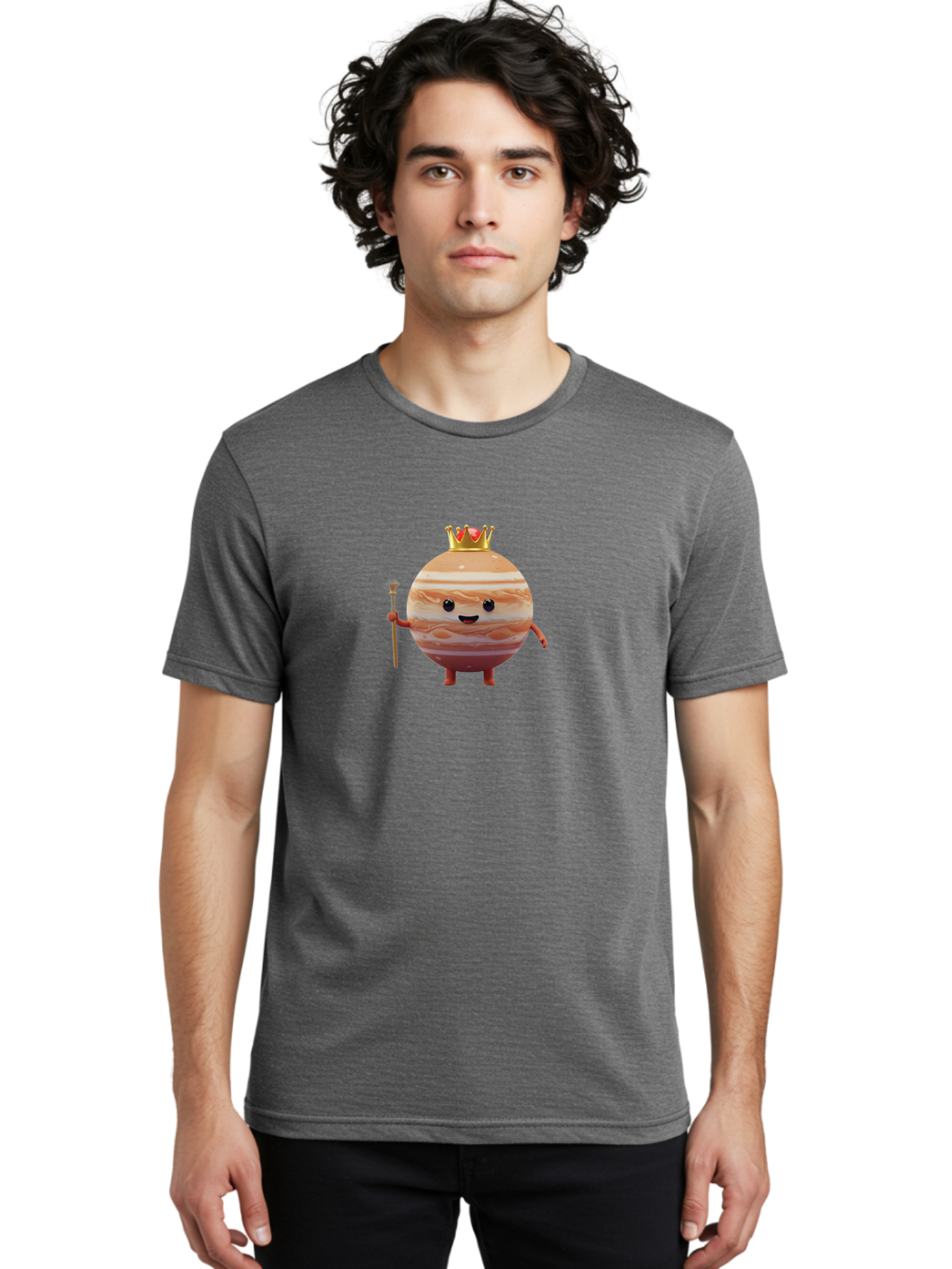 Jupiter-Mascot Men'S Graphic Tee, 100% Cotton, Comfortable Casual Summer Wear, Machine Washable, Cartoon Jupiter Planet, Anthropomorphic Planet, Jupiter Mascot, Cartoon Character, Planetary Illustration, Jupiter With Crown, Bad240