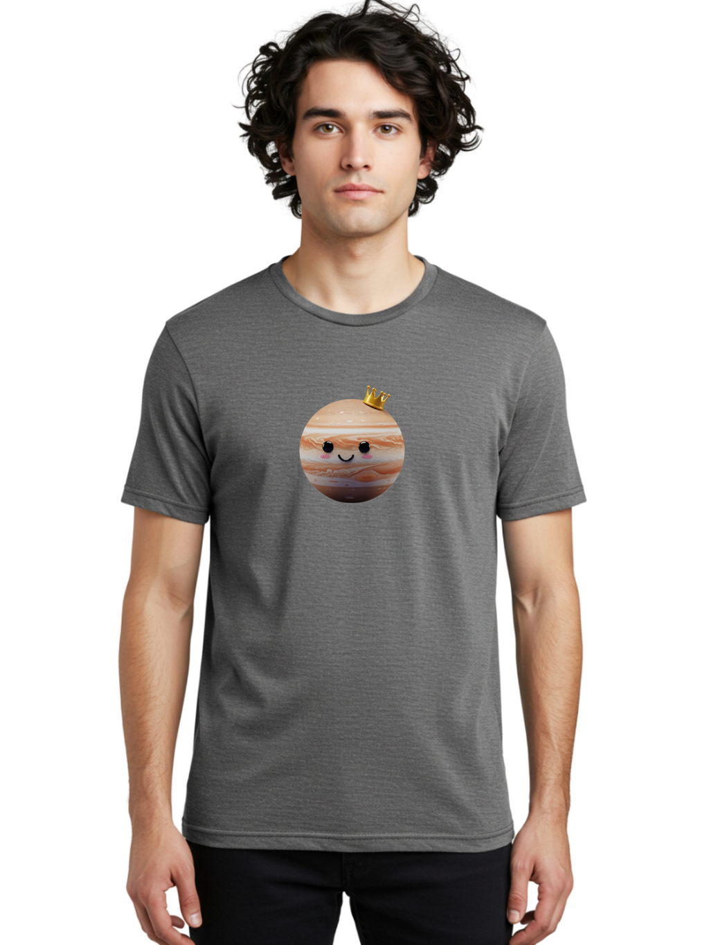 Jupiter Men'S Graphic Tee, 100% Cotton, Comfortable Casual Summer Wear, Machine Washable, Cartoon Jupiter, Smiling Planet, Golden Crown, Kawaii Space, Adorable Astronomy, Funny Illustration, Whimsical Design, Cute Cosmic Bad241