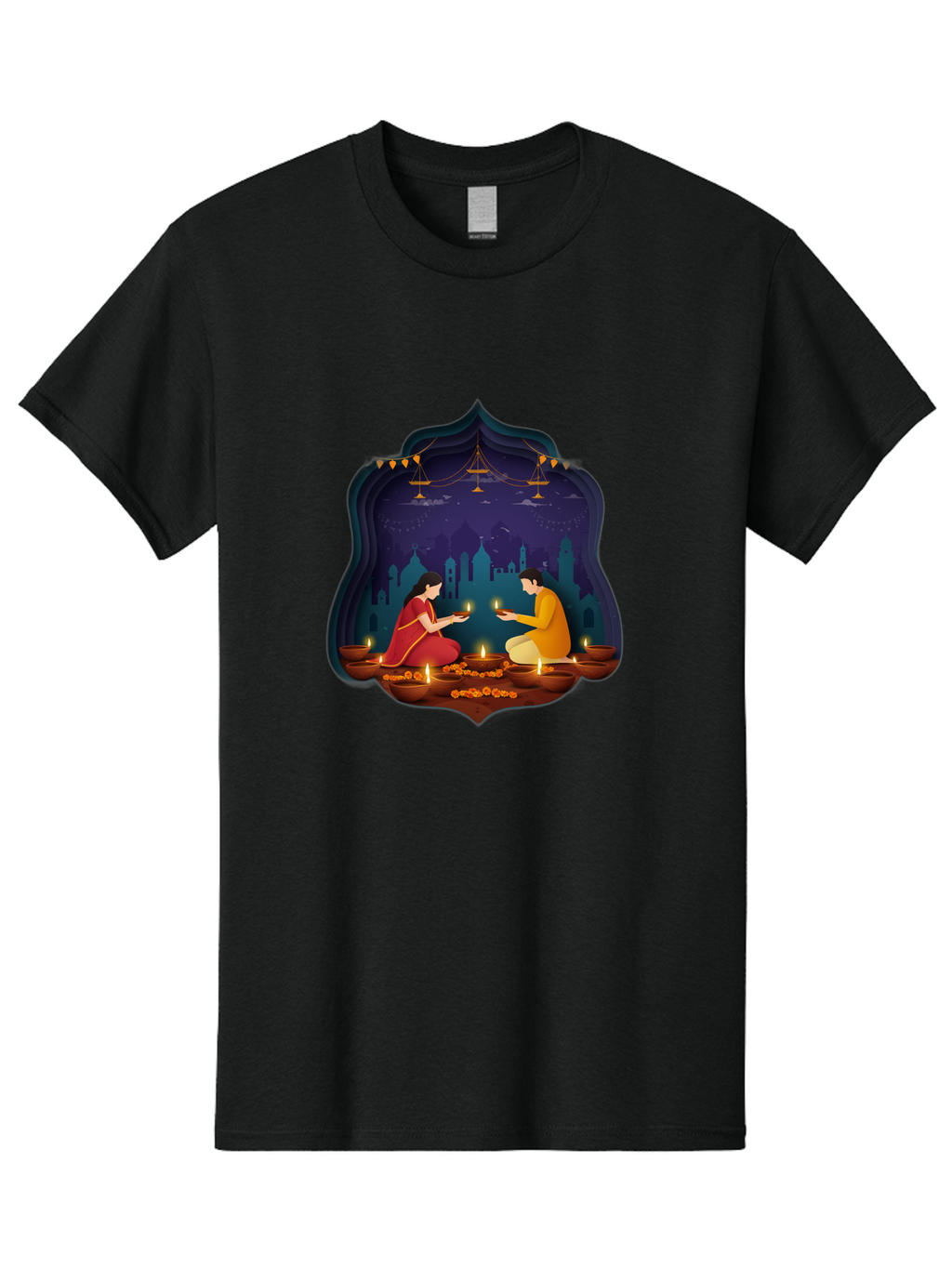 Kali-Puja Men'S Graphic Tee, 100% Cotton, Comfortable Casual Summer Wear, Machine Washable, Couple Lighting Diyas, Diwali Celebration, Festive Atmosphere, Traditional Indian Clothing, Lit Candles, Vibrant Colors, Cultural Heritage, Bad242