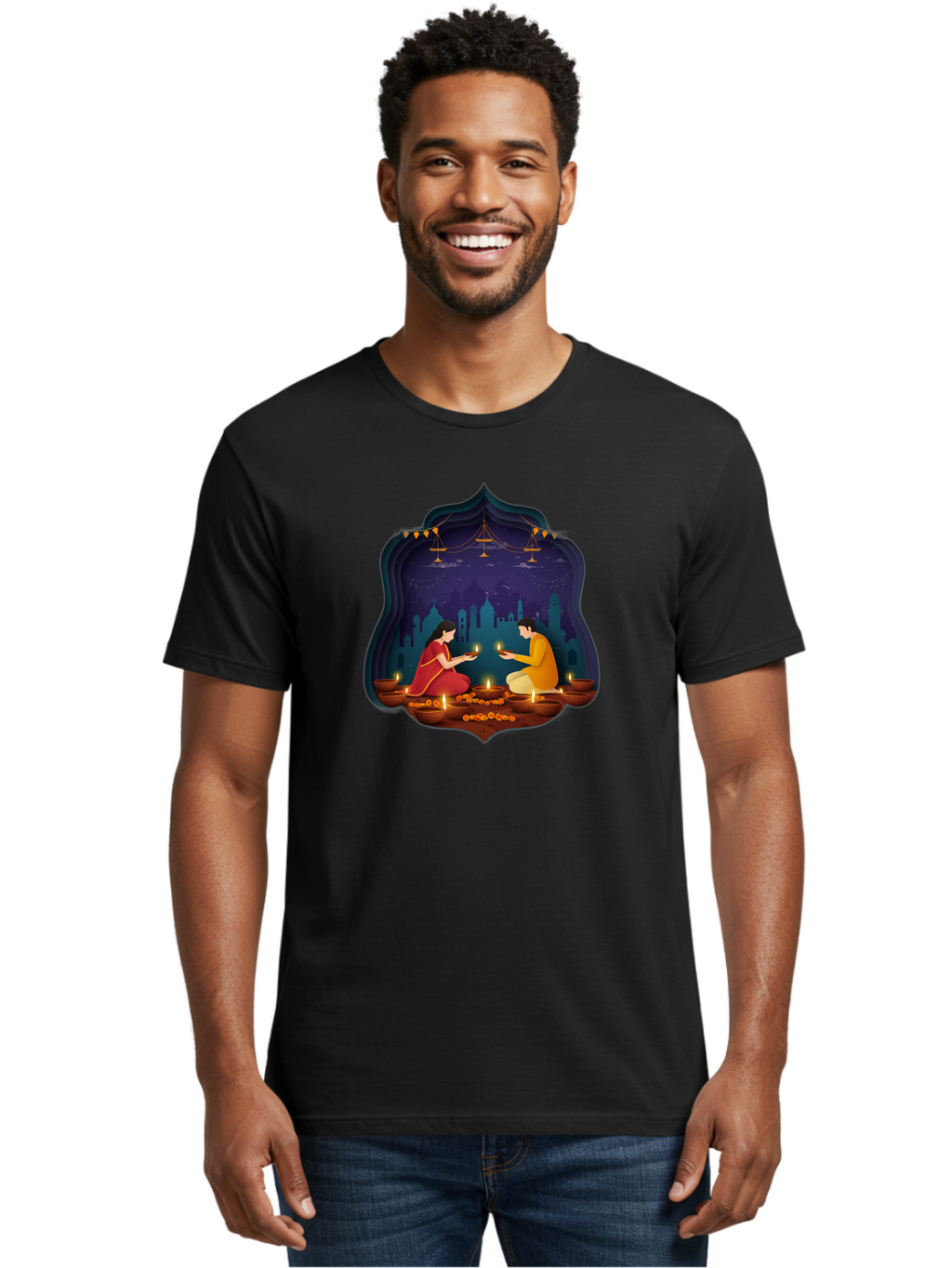 Kali-Puja Men'S Graphic Tee, 100% Cotton, Comfortable Casual Summer Wear, Machine Washable, Couple Lighting Diyas, Diwali Celebration, Festive Atmosphere, Traditional Indian Clothing, Lit Candles, Vibrant Colors, Cultural Heritage, Bad242