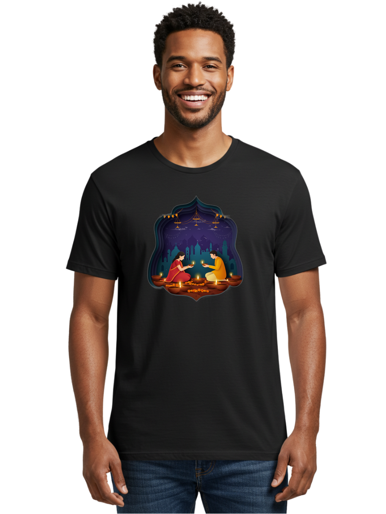 Kali-Puja Men'S Graphic Tee, 100% Cotton, Comfortable Casual Summer Wear, Machine Washable, Couple Lighting Diyas, Diwali Celebration, Festive Atmosphere, Traditional Indian Clothing, Lit Candles, Vibrant Colors, Cultural Heritage, Bad242