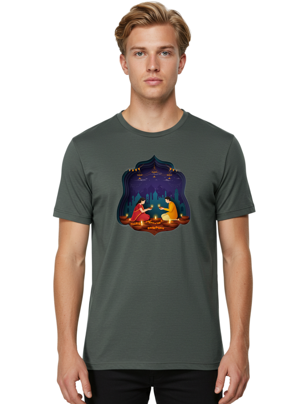 Kali-Puja Men'S Graphic Tee, 100% Cotton, Comfortable Casual Summer Wear, Machine Washable, Couple Lighting Diyas, Diwali Celebration, Festive Atmosphere, Traditional Indian Clothing, Lit Candles, Vibrant Colors, Cultural Heritage, Bad242
