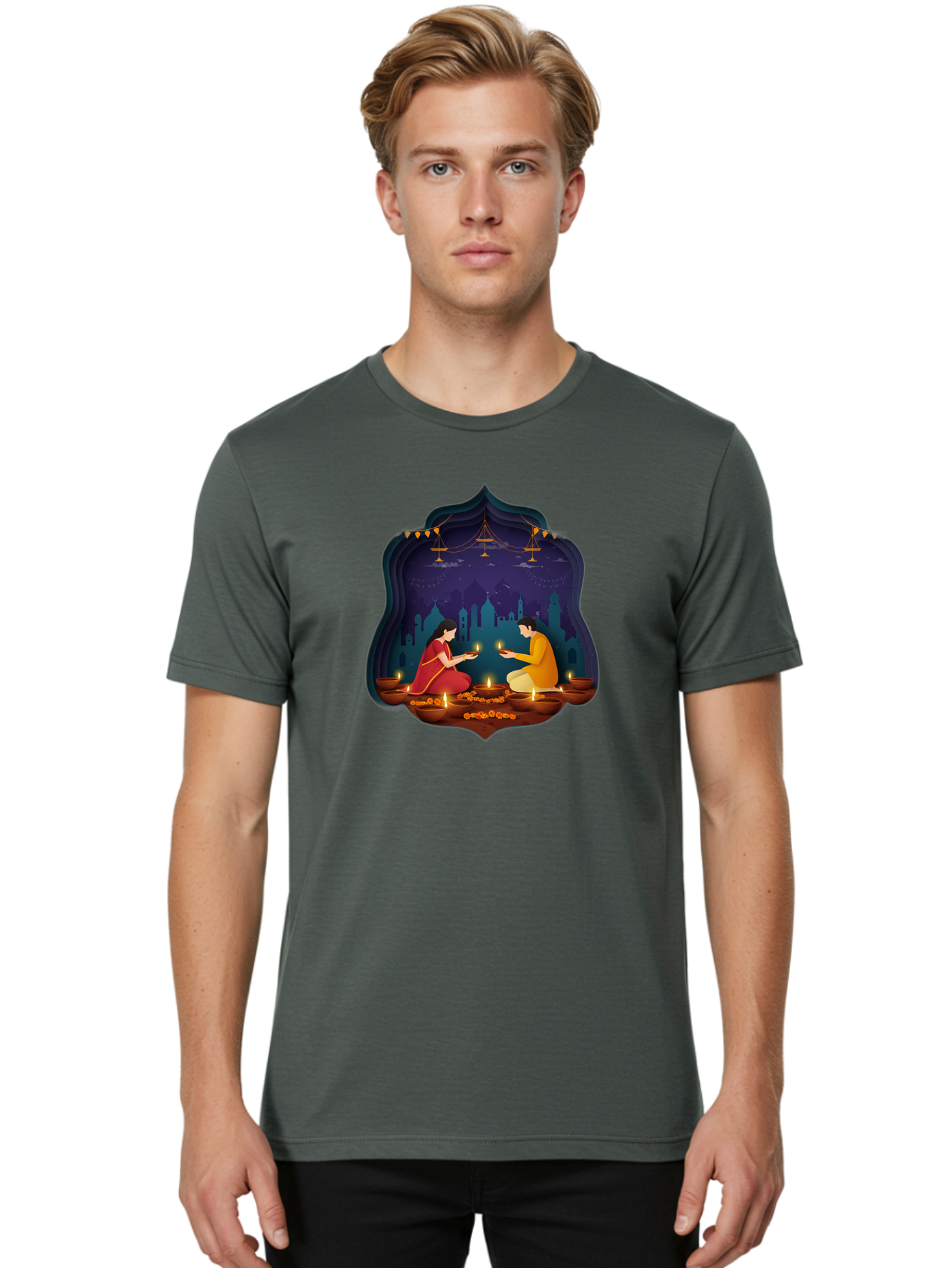 Kali-Puja Men'S Graphic Tee, 100% Cotton, Comfortable Casual Summer Wear, Machine Washable, Couple Lighting Diyas, Diwali Celebration, Festive Atmosphere, Traditional Indian Clothing, Lit Candles, Vibrant Colors, Cultural Heritage, Bad242