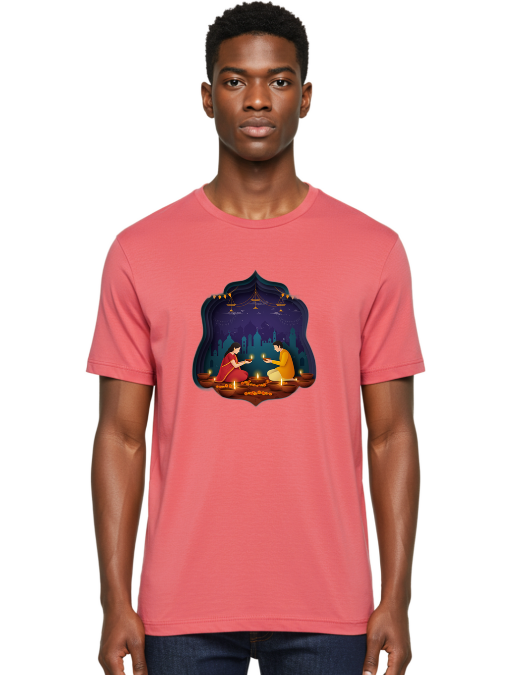 Kali-Puja Men'S Graphic Tee, 100% Cotton, Comfortable Casual Summer Wear, Machine Washable, Couple Lighting Diyas, Diwali Celebration, Festive Atmosphere, Traditional Indian Clothing, Lit Candles, Vibrant Colors, Cultural Heritage, Bad242