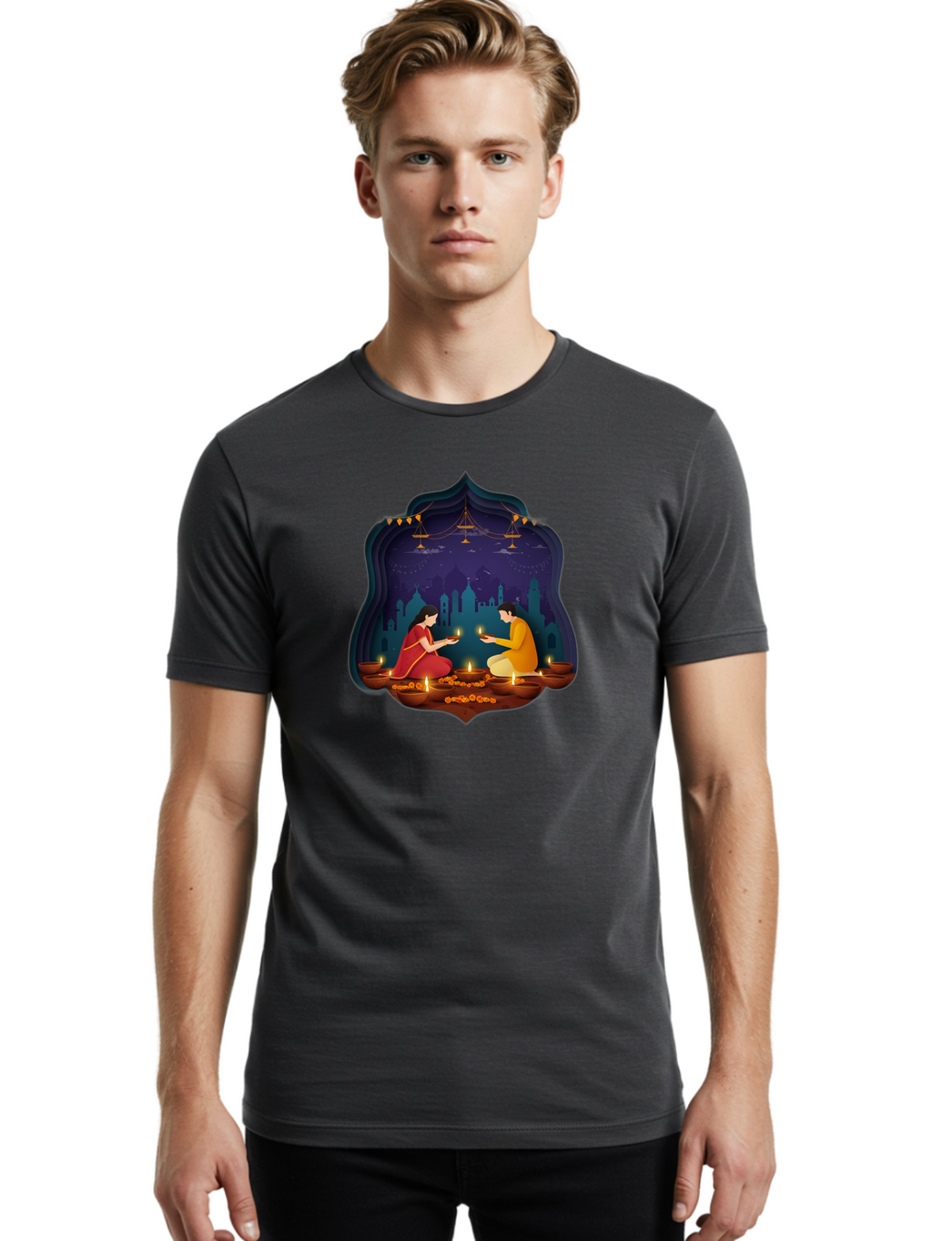 Kali-Puja Men'S Graphic Tee, 100% Cotton, Comfortable Casual Summer Wear, Machine Washable, Couple Lighting Diyas, Diwali Celebration, Festive Atmosphere, Traditional Indian Clothing, Lit Candles, Vibrant Colors, Cultural Heritage, Bad242