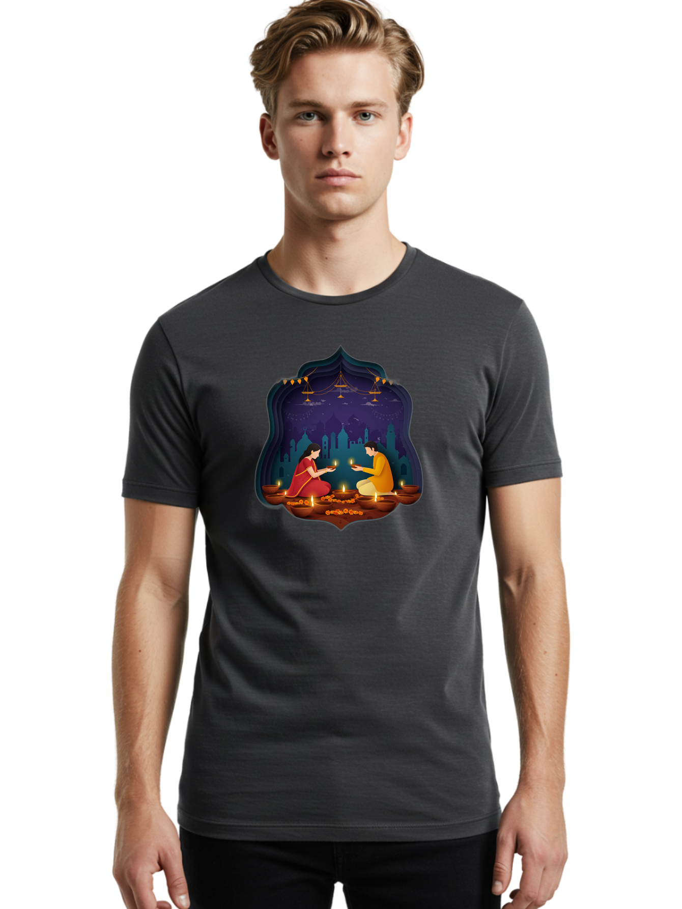 Kali-Puja Men'S Graphic Tee, 100% Cotton, Comfortable Casual Summer Wear, Machine Washable, Couple Lighting Diyas, Diwali Celebration, Festive Atmosphere, Traditional Indian Clothing, Lit Candles, Vibrant Colors, Cultural Heritage, Bad242
