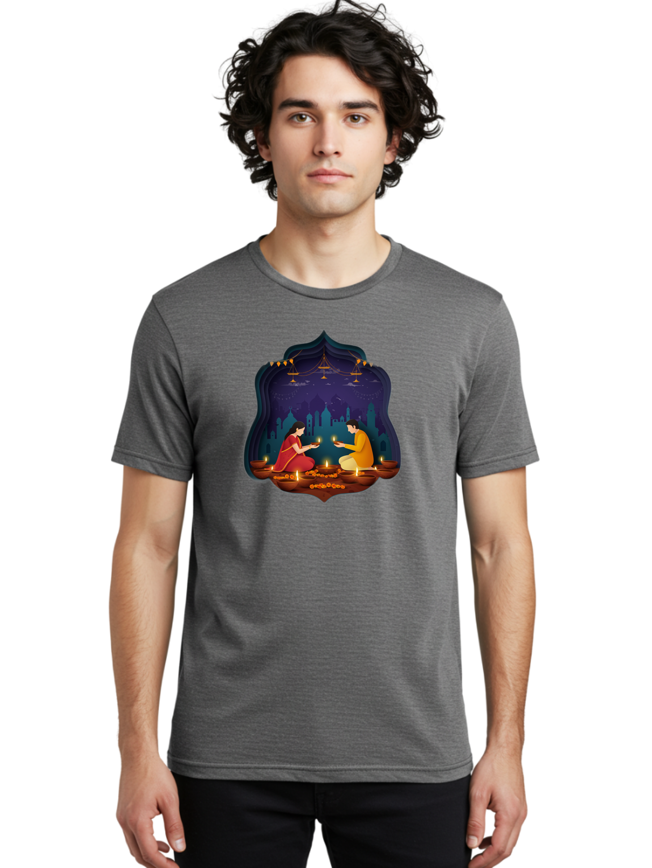 Kali-Puja Men'S Graphic Tee, 100% Cotton, Comfortable Casual Summer Wear, Machine Washable, Couple Lighting Diyas, Diwali Celebration, Festive Atmosphere, Traditional Indian Clothing, Lit Candles, Vibrant Colors, Cultural Heritage, Bad242