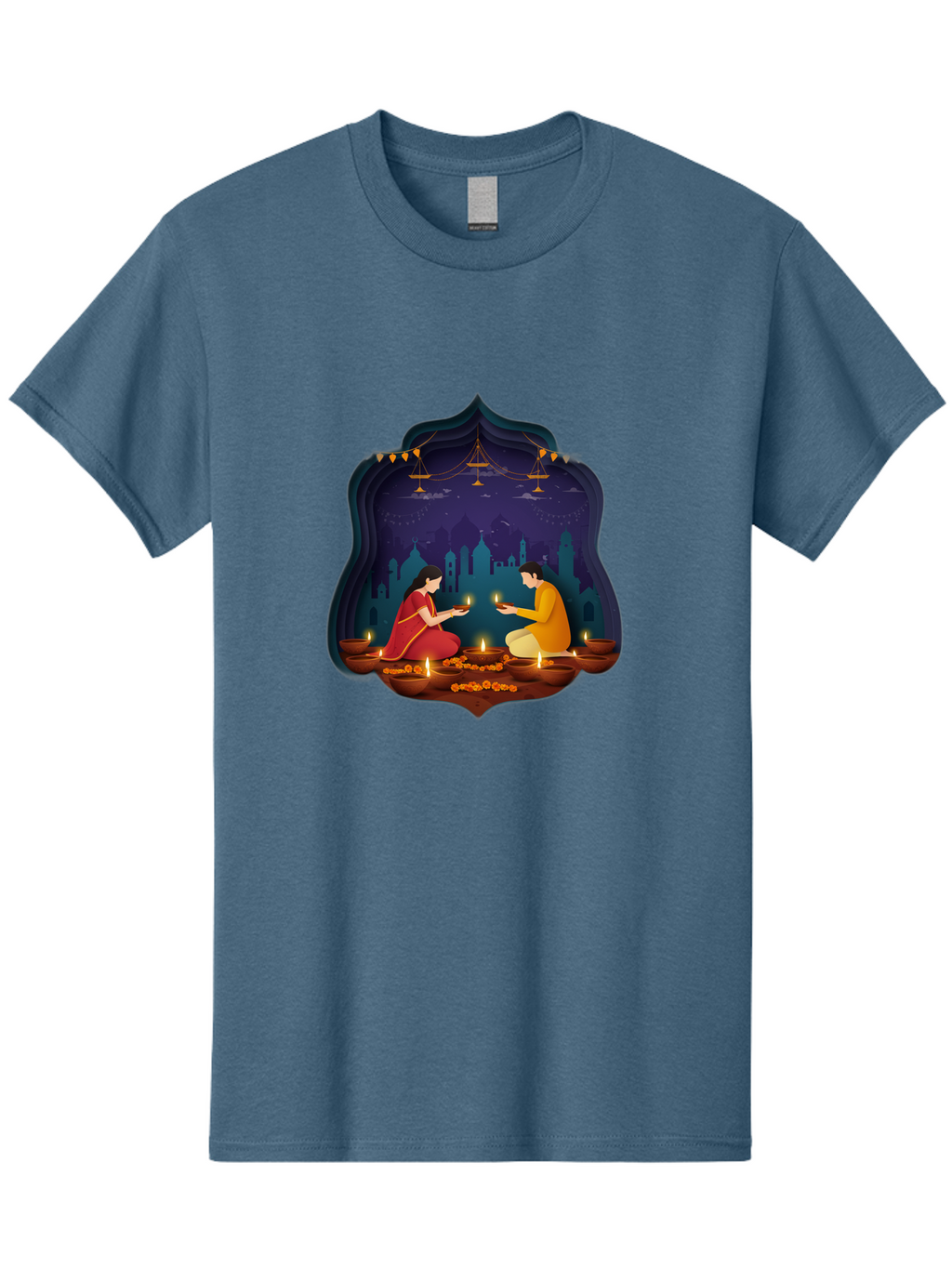 Kali-Puja Men'S Graphic Tee, 100% Cotton, Comfortable Casual Summer Wear, Machine Washable, Couple Lighting Diyas, Diwali Celebration, Festive Atmosphere, Traditional Indian Clothing, Lit Candles, Vibrant Colors, Cultural Heritage, Bad242