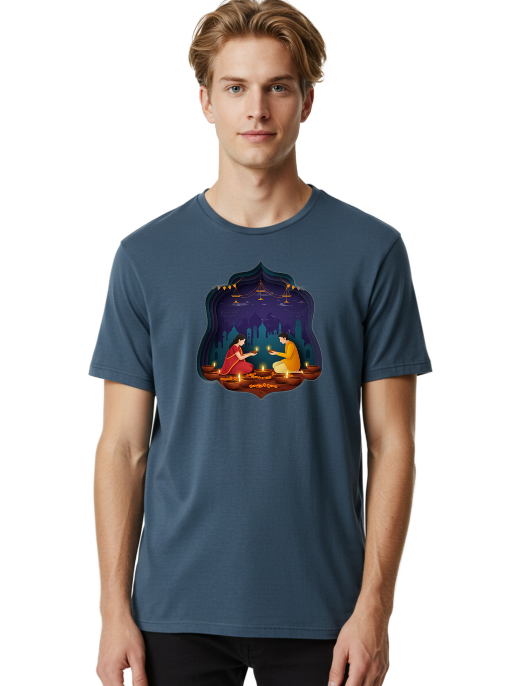 Kali-Puja Men'S Graphic Tee, 100% Cotton, Comfortable Casual Summer Wear, Machine Washable, Couple Lighting Diyas, Diwali Celebration, Festive Atmosphere, Traditional Indian Clothing, Lit Candles, Vibrant Colors, Cultural Heritage, Bad242