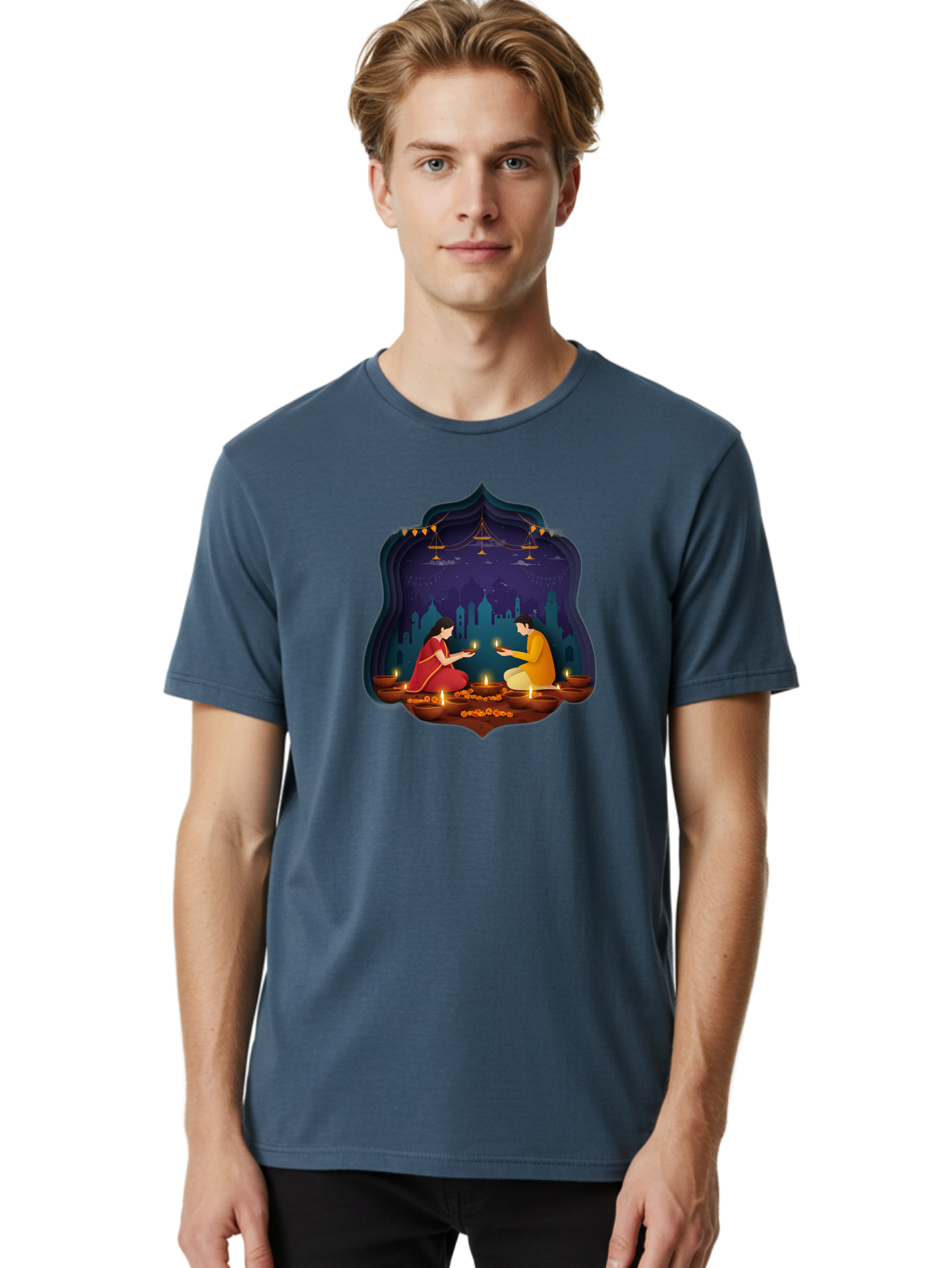 Kali-Puja Men'S Graphic Tee, 100% Cotton, Comfortable Casual Summer Wear, Machine Washable, Couple Lighting Diyas, Diwali Celebration, Festive Atmosphere, Traditional Indian Clothing, Lit Candles, Vibrant Colors, Cultural Heritage, Bad242
