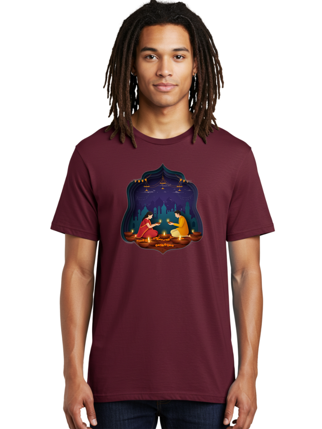 Kali-Puja Men'S Graphic Tee, 100% Cotton, Comfortable Casual Summer Wear, Machine Washable, Couple Lighting Diyas, Diwali Celebration, Festive Atmosphere, Traditional Indian Clothing, Lit Candles, Vibrant Colors, Cultural Heritage, Bad242