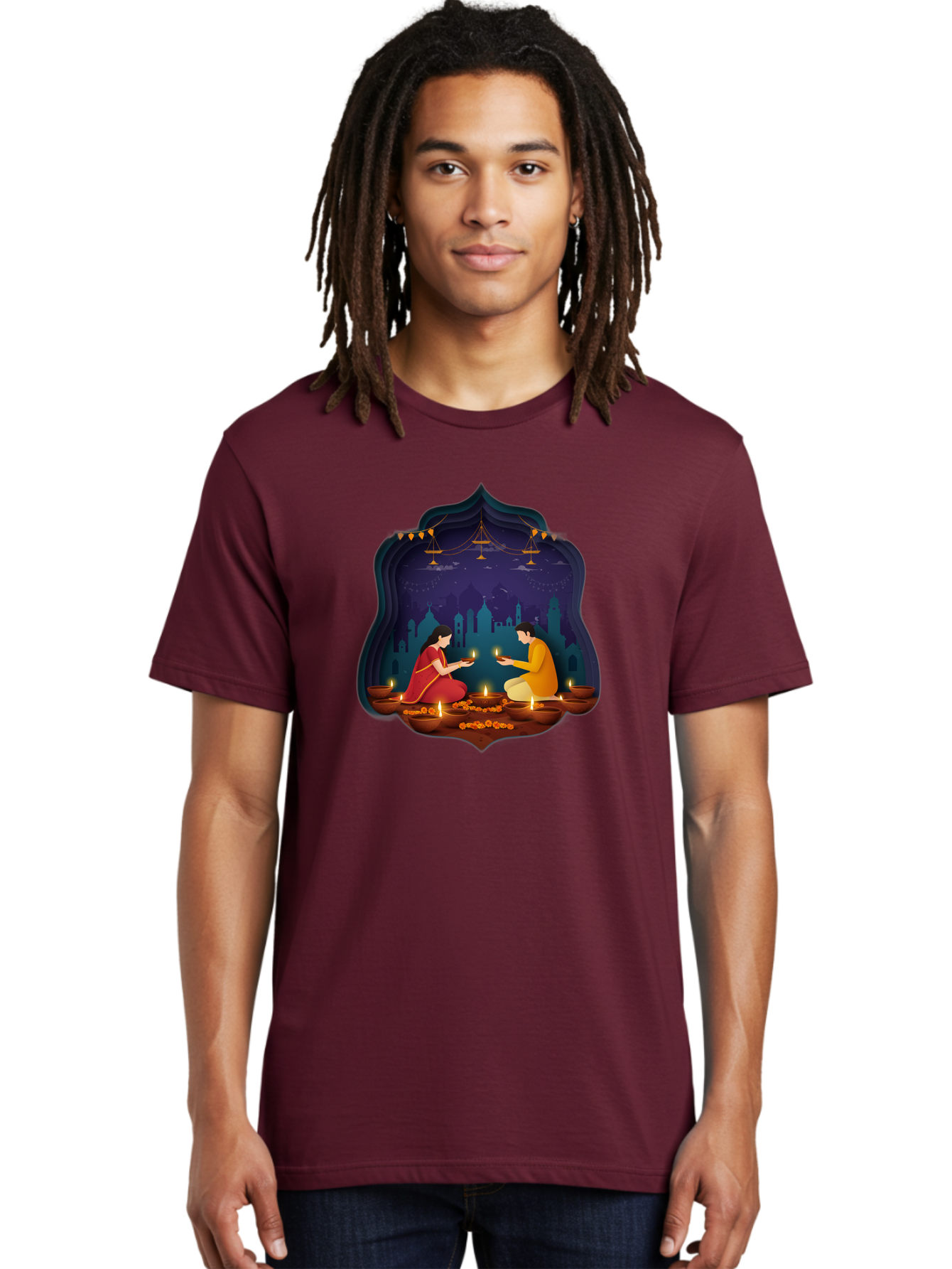 Kali-Puja Men'S Graphic Tee, 100% Cotton, Comfortable Casual Summer Wear, Machine Washable, Couple Lighting Diyas, Diwali Celebration, Festive Atmosphere, Traditional Indian Clothing, Lit Candles, Vibrant Colors, Cultural Heritage, Bad242