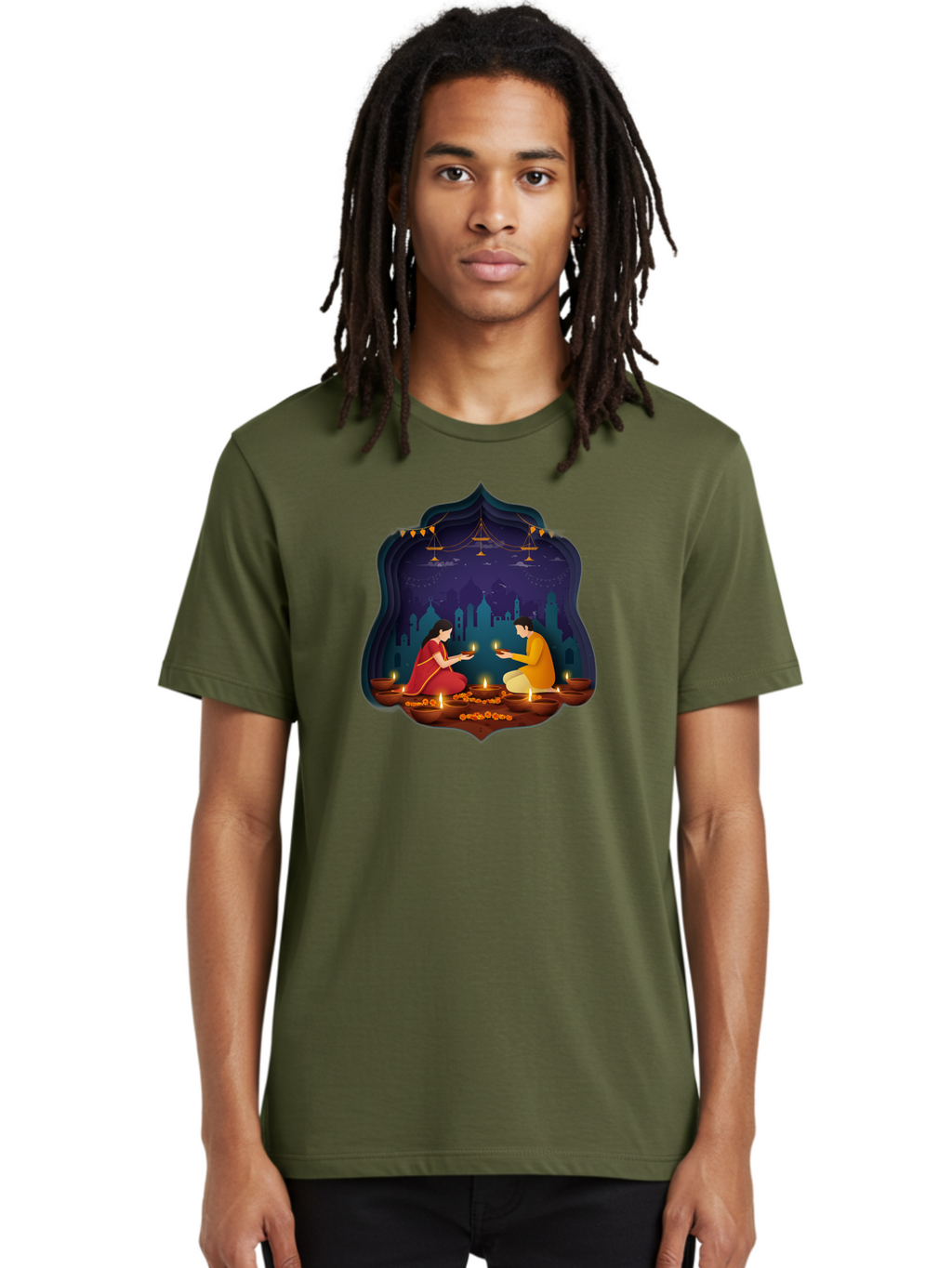 Kali-Puja Men'S Graphic Tee, 100% Cotton, Comfortable Casual Summer Wear, Machine Washable, Couple Lighting Diyas, Diwali Celebration, Festive Atmosphere, Traditional Indian Clothing, Lit Candles, Vibrant Colors, Cultural Heritage, Bad242