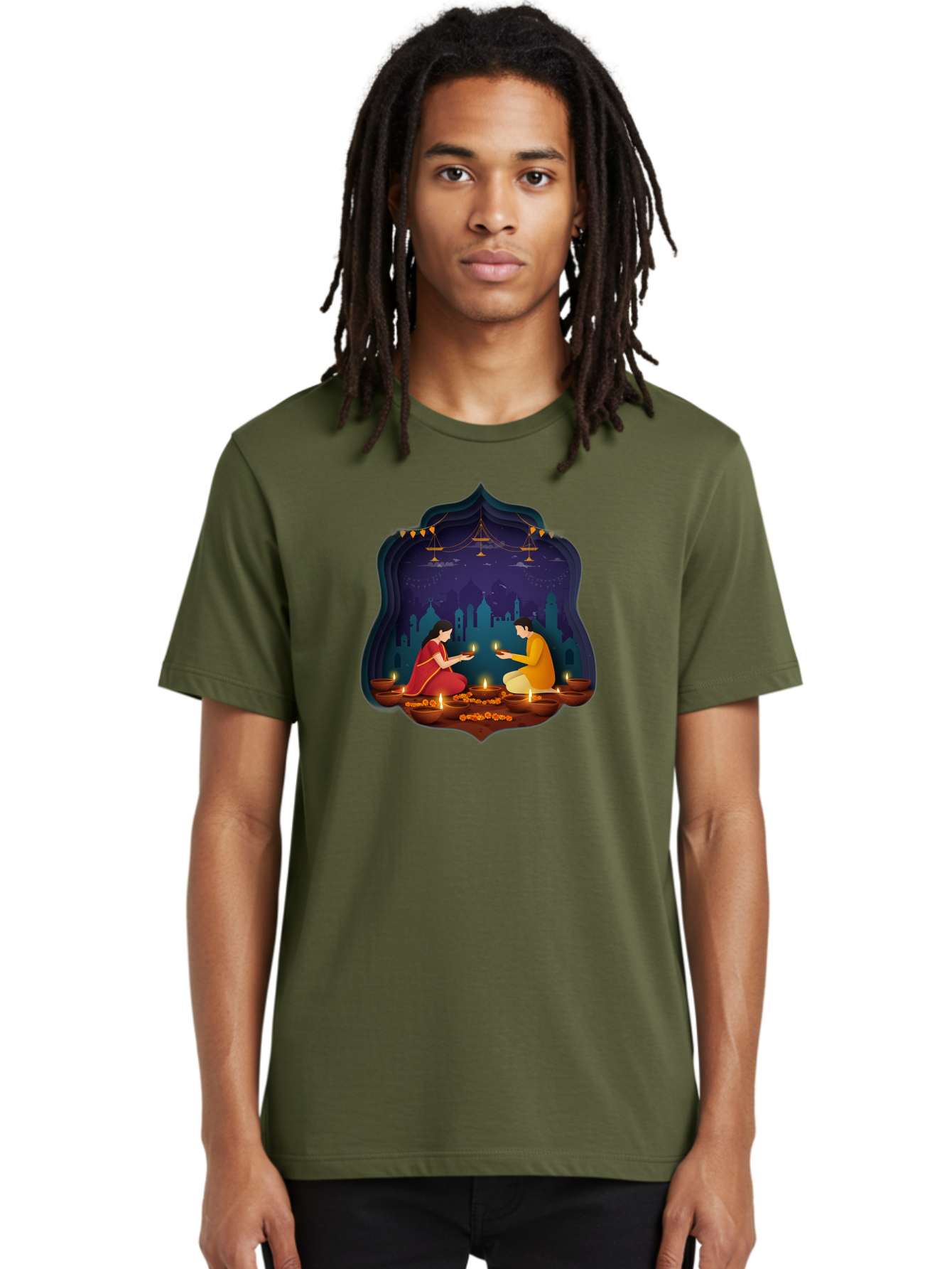 Kali-Puja Men'S Graphic Tee, 100% Cotton, Comfortable Casual Summer Wear, Machine Washable, Couple Lighting Diyas, Diwali Celebration, Festive Atmosphere, Traditional Indian Clothing, Lit Candles, Vibrant Colors, Cultural Heritage, Bad242