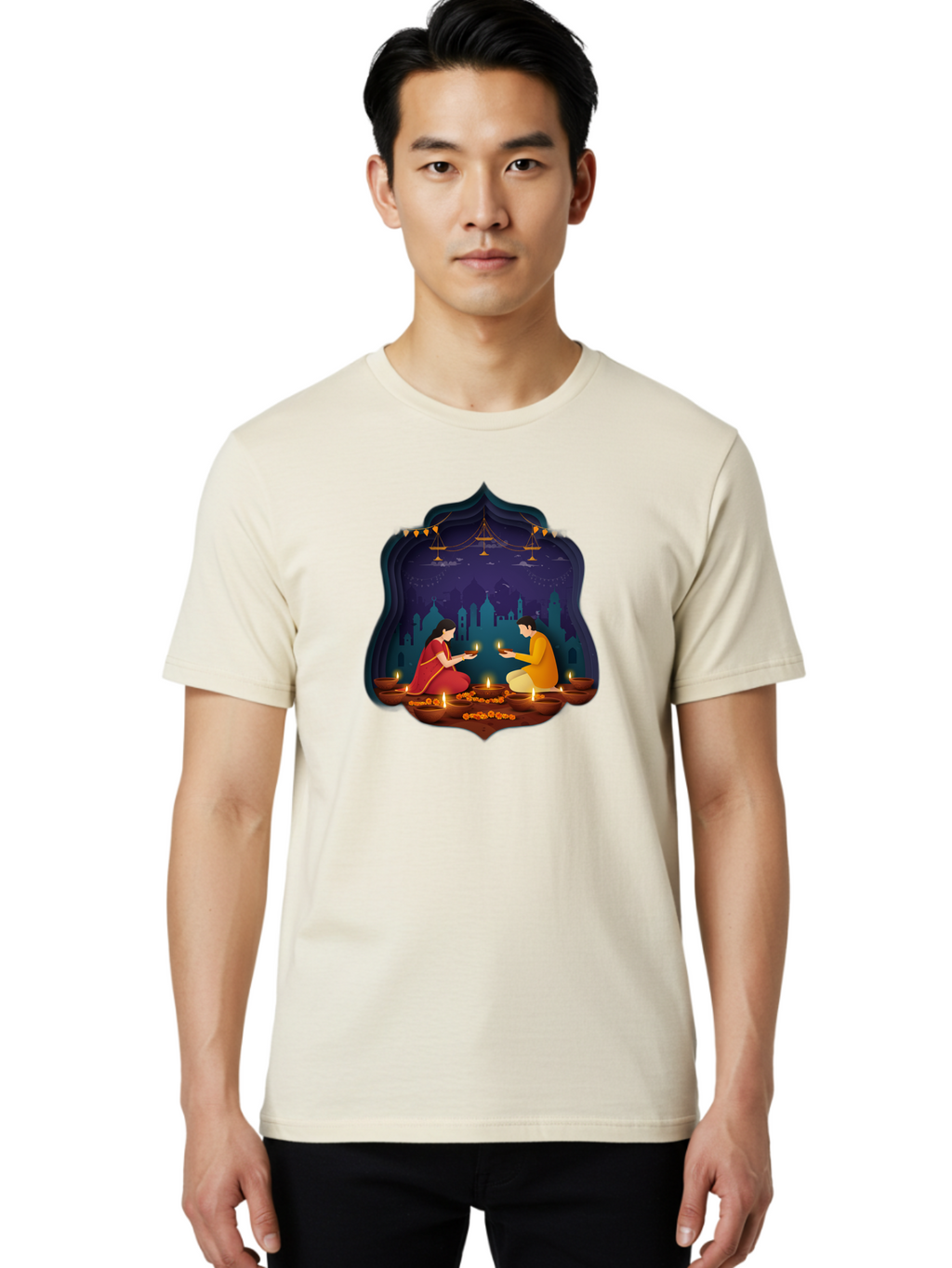 Kali-Puja Men'S Graphic Tee, 100% Cotton, Comfortable Casual Summer Wear, Machine Washable, Couple Lighting Diyas, Diwali Celebration, Festive Atmosphere, Traditional Indian Clothing, Lit Candles, Vibrant Colors, Cultural Heritage, Bad242