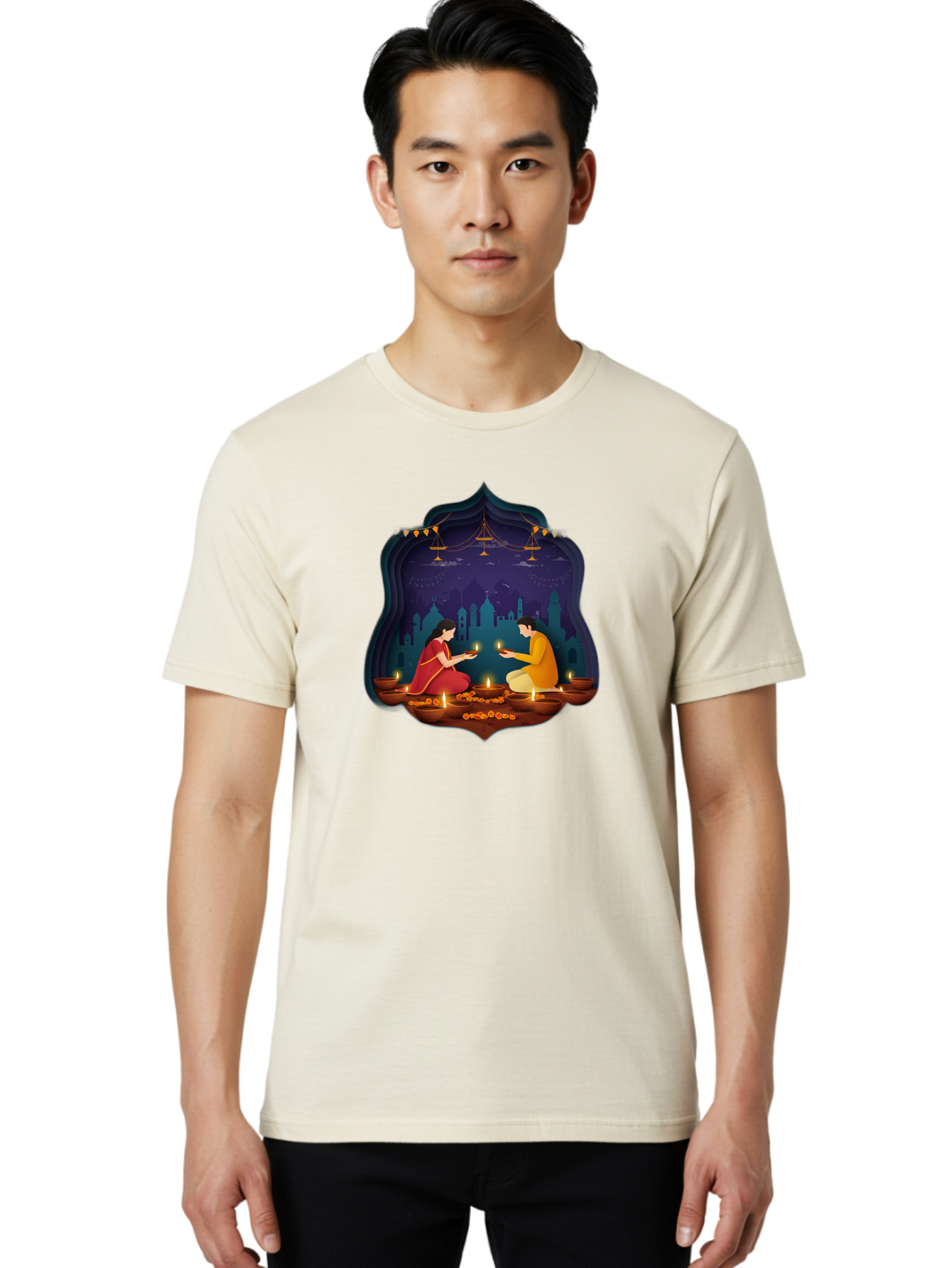 Kali-Puja Men'S Graphic Tee, 100% Cotton, Comfortable Casual Summer Wear, Machine Washable, Couple Lighting Diyas, Diwali Celebration, Festive Atmosphere, Traditional Indian Clothing, Lit Candles, Vibrant Colors, Cultural Heritage, Bad242