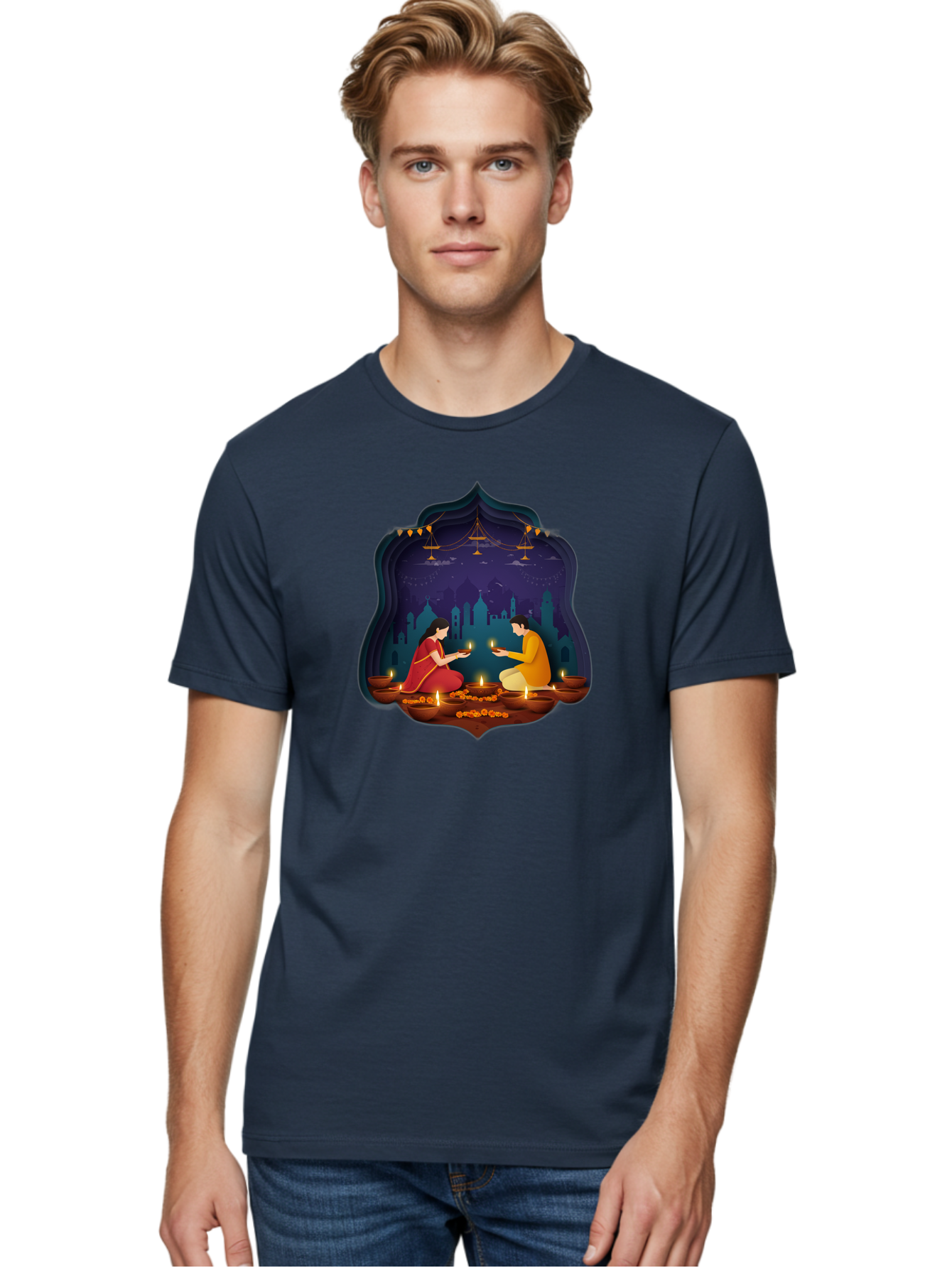 Kali-Puja Men'S Graphic Tee, 100% Cotton, Comfortable Casual Summer Wear, Machine Washable, Couple Lighting Diyas, Diwali Celebration, Festive Atmosphere, Traditional Indian Clothing, Lit Candles, Vibrant Colors, Cultural Heritage, Bad242