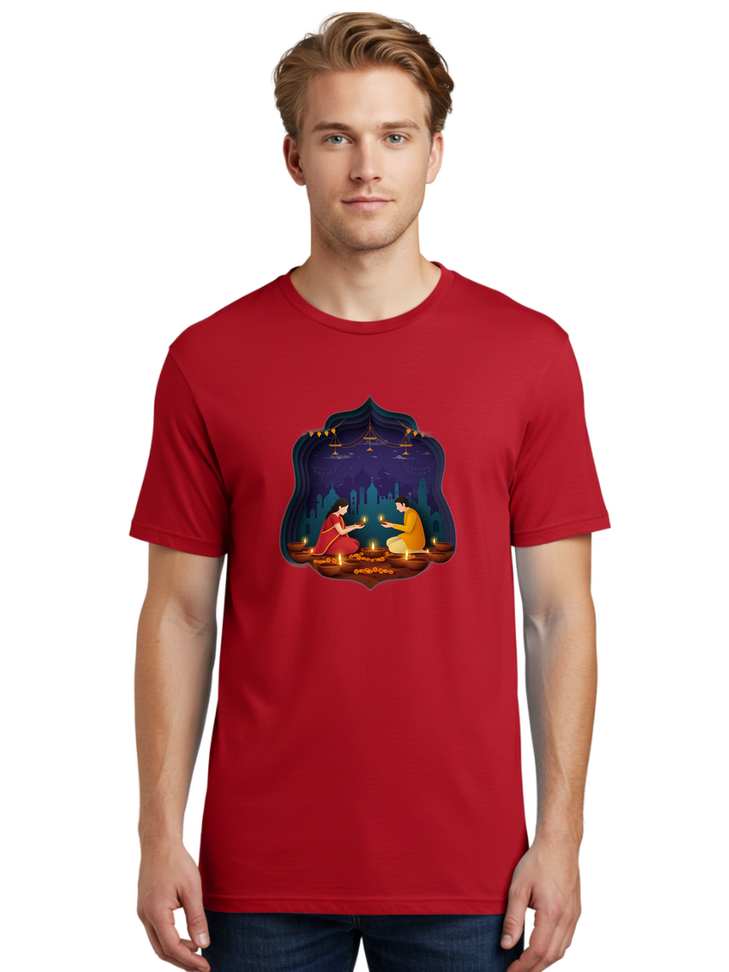 Kali-Puja Men'S Graphic Tee, 100% Cotton, Comfortable Casual Summer Wear, Machine Washable, Couple Lighting Diyas, Diwali Celebration, Festive Atmosphere, Traditional Indian Clothing, Lit Candles, Vibrant Colors, Cultural Heritage, Bad242